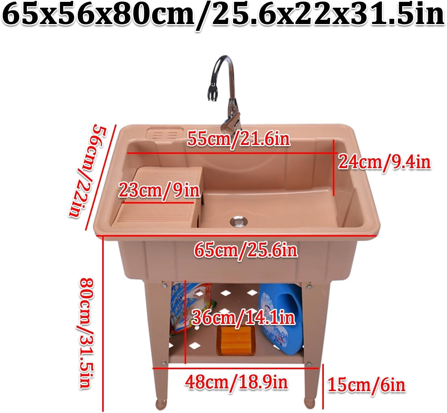 Freestanding Plastic Utility Sink Plastic Laundry Sink Standing Laundry Sink with Faucet Hose and Drain Kit with Faucet and Storage Rack for Laundry Rooms Garage Basements(Blue,65x56x80cm)