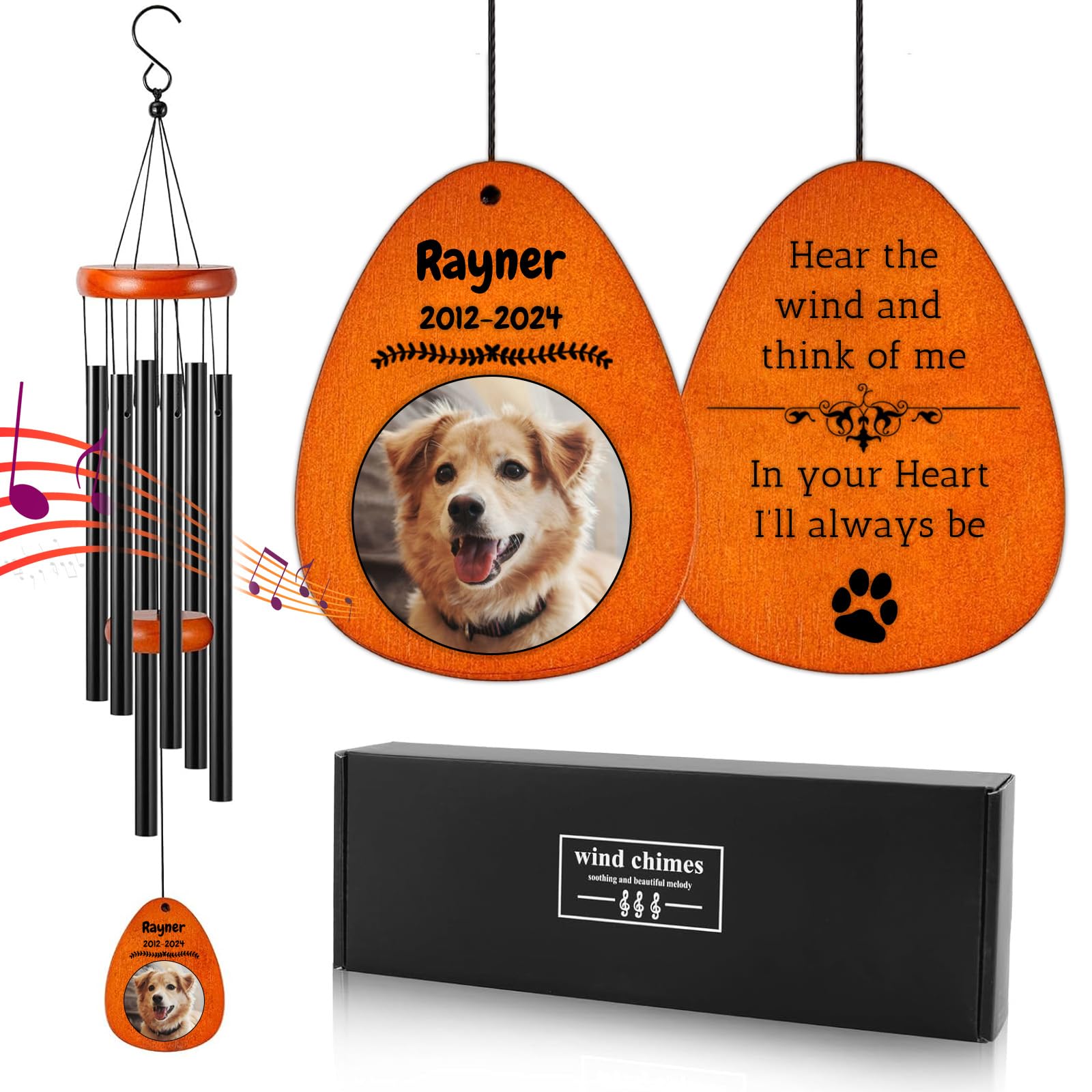 Personalized Dog Memorial Gifts for Loss of Dog - Custom Sympathy Wind Chime with Photo & Name, 26'/32'/37' Outdoor Bereavement Keepsake for Garden or Patio(Black) B1