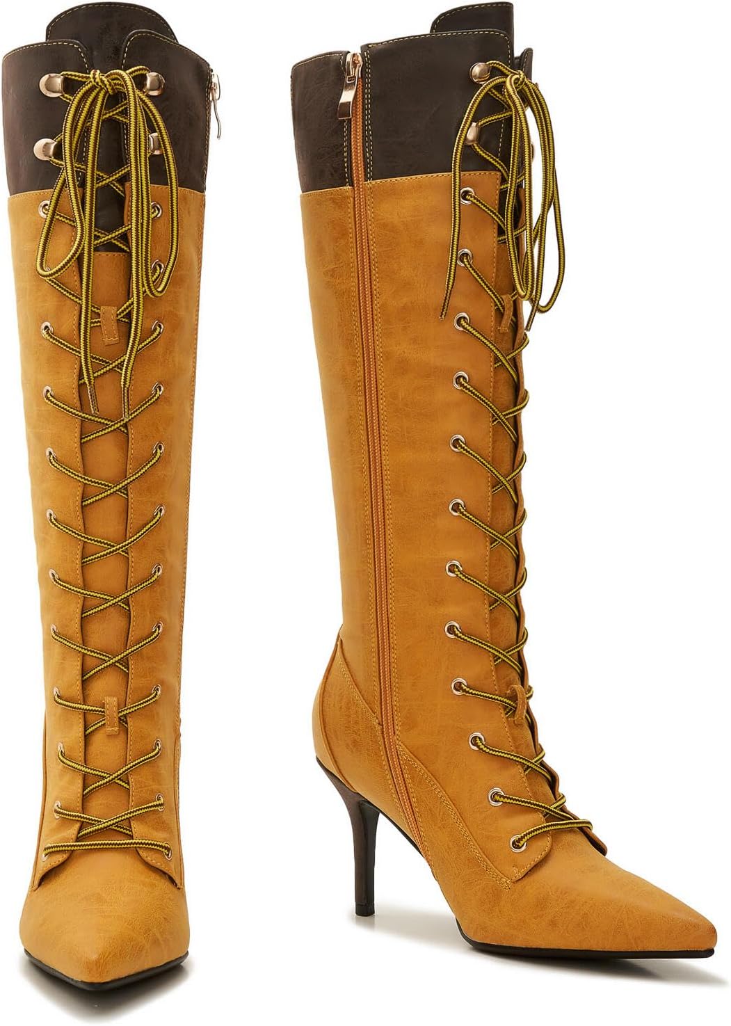 Women's Two-Tone Lace-Up Knee High Boots, Pointed Toe Faux Leather Stiletto Heel Dress Boots for Fall Winter