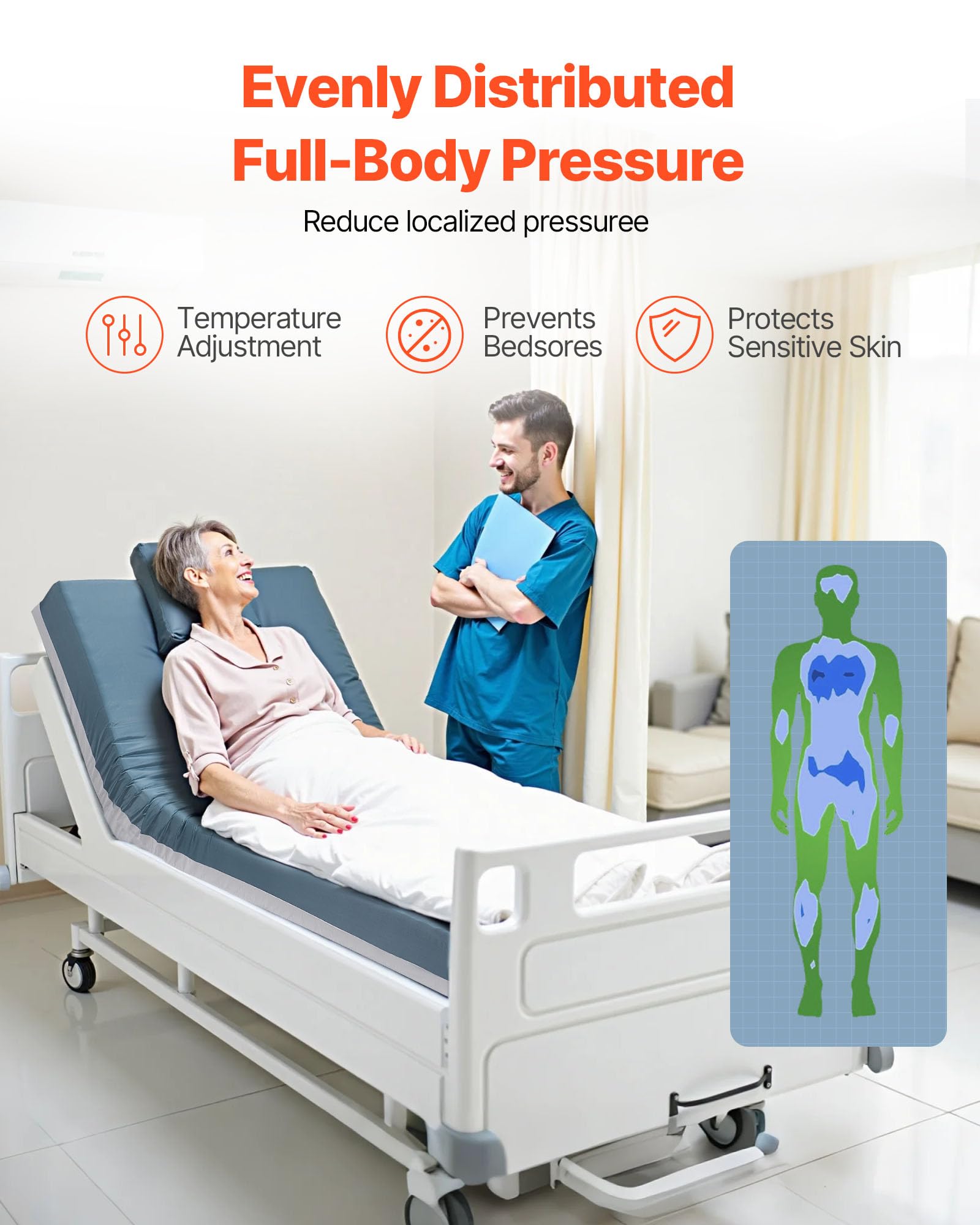 VEVOR Colchón de Cama Hospitalaria, Carga 203 kg, Redistribución de Presión, Espuma Multicapa de Grado Médico, para Tratamiento de Úlceras por Presión en Residencias de Ancianos, 91 x 203 x 15 cm