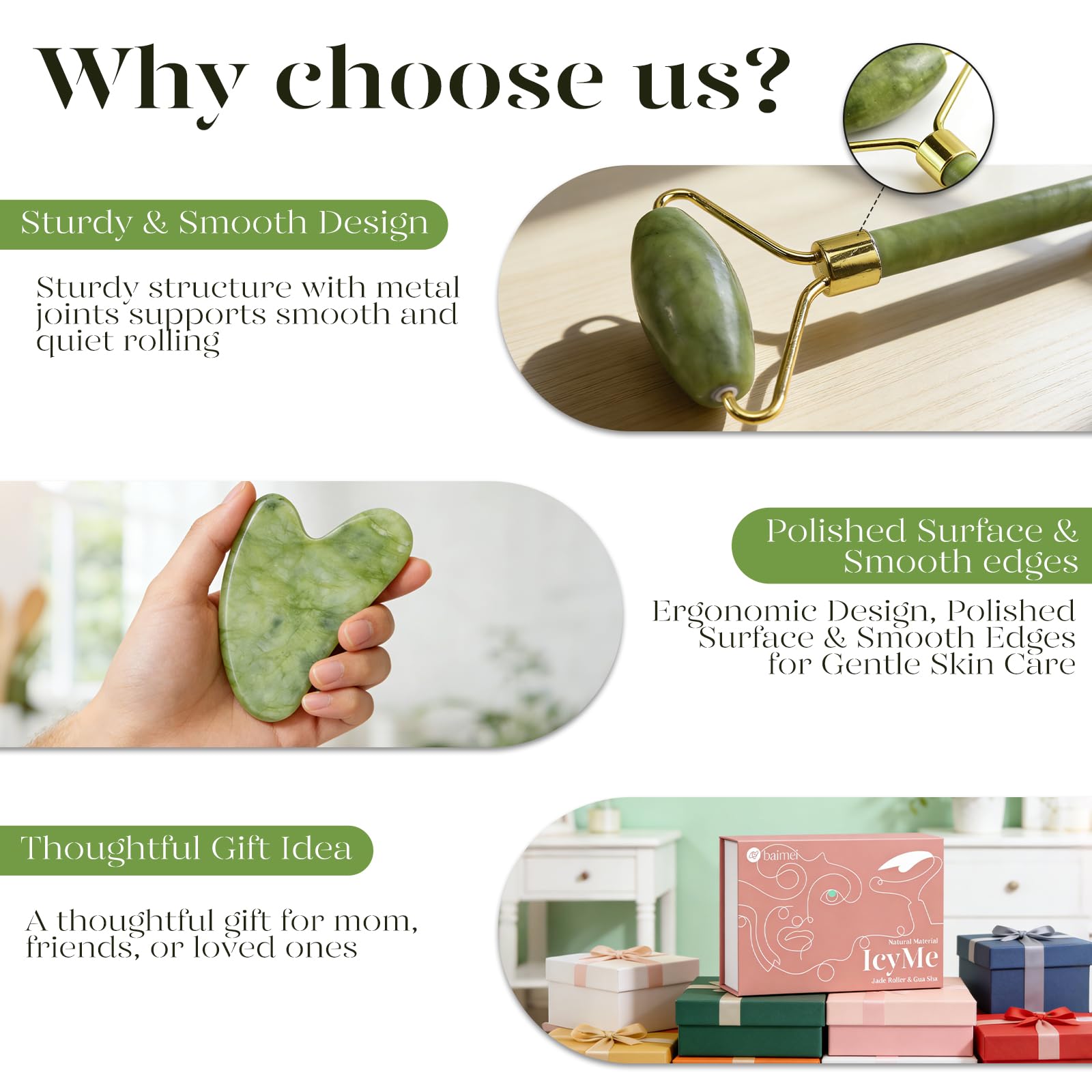 BAIMEI Jade Roller & Gua Sha Set Face Roller and Gua Sha Facial Tools for Skin Care Routine and Puffiness, Self Care Gift for Men Women -: Green