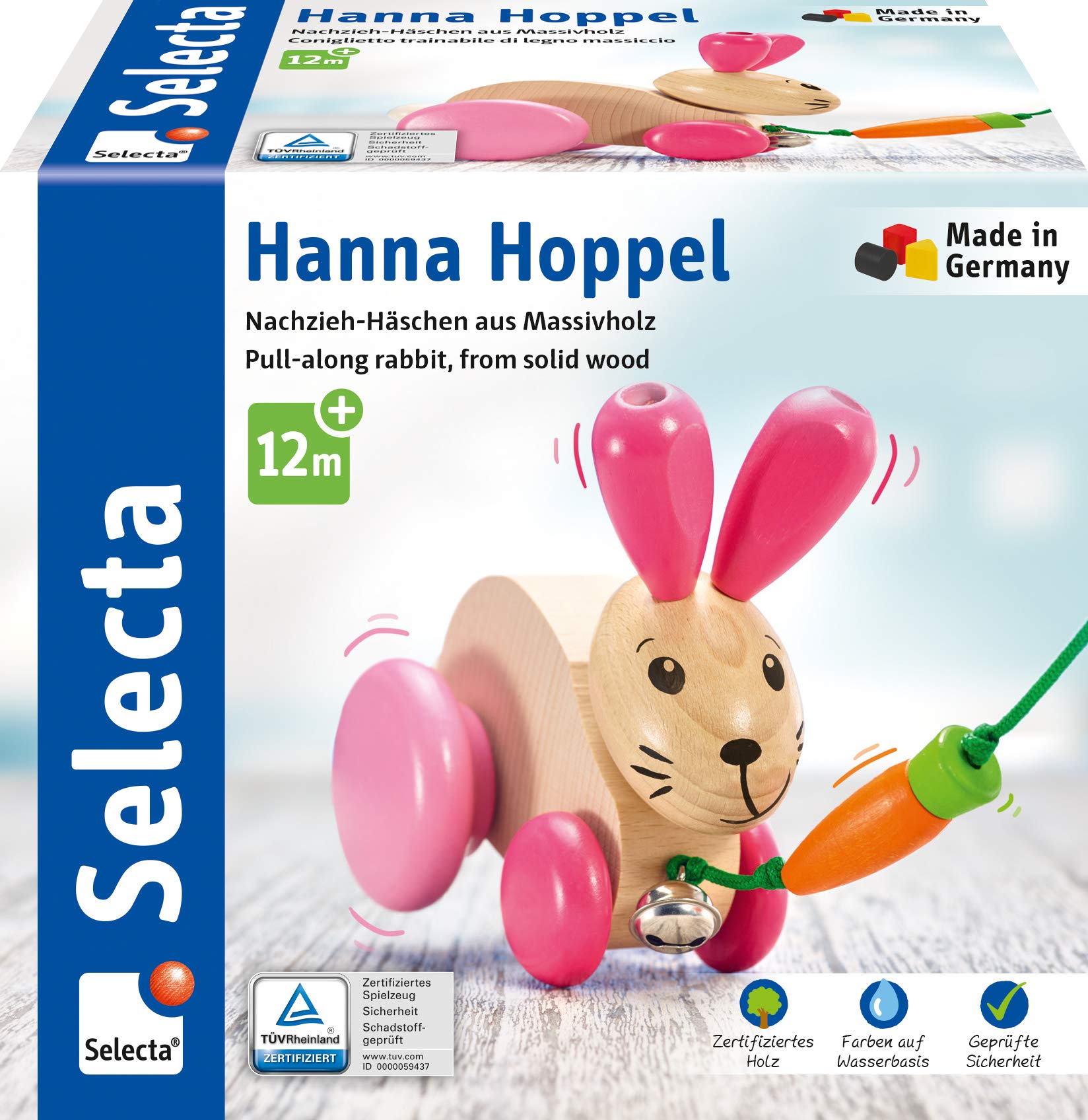 Selecta 62023 Hanna Hoppel, Nachzieh Hase, Schiebe-und Nachziehspielzeug aus Holz, 13 cm