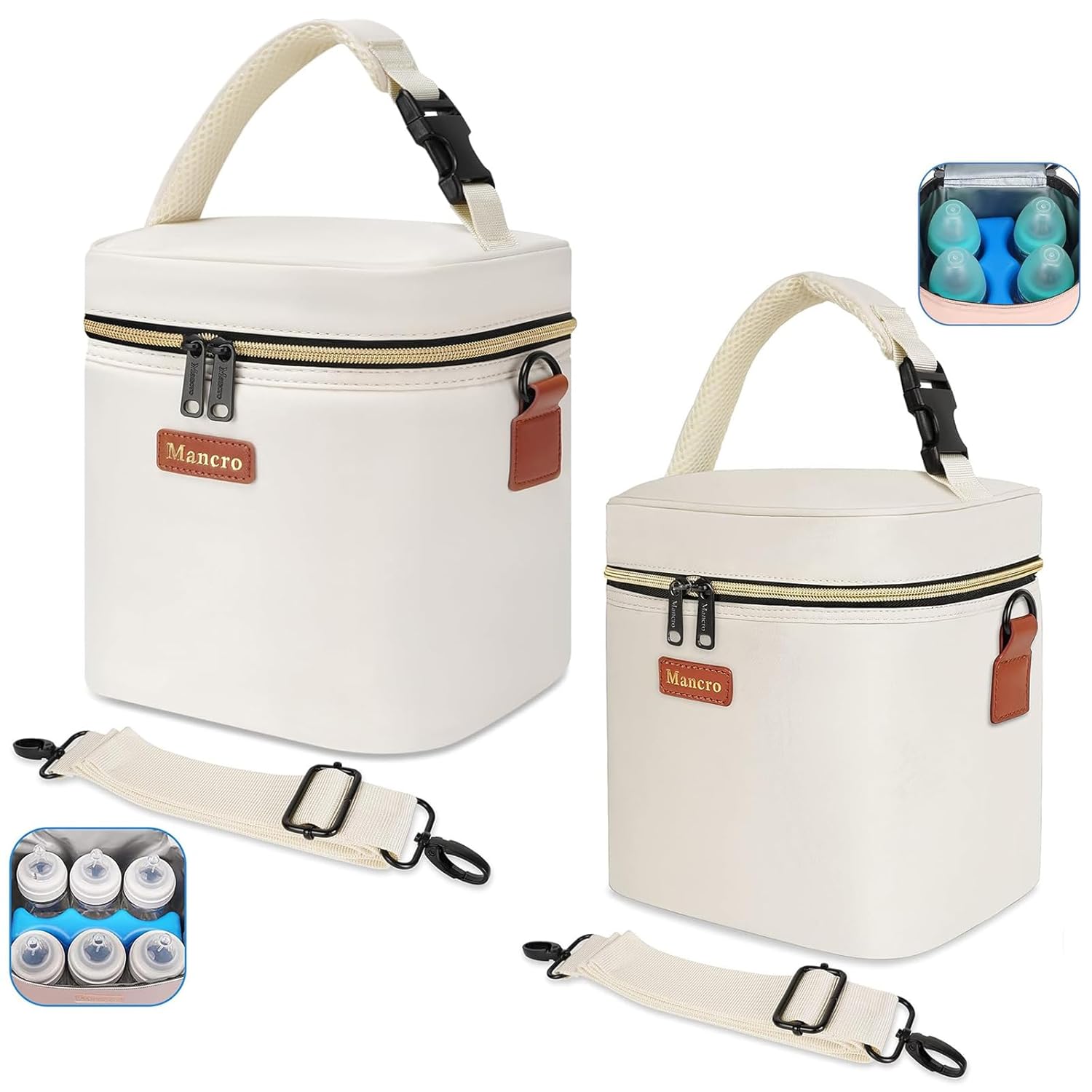 Mancro Insulated Breastmilk Cooler Bag with Ice Pack – Leak-Proof, Fits 4-6 Baby Bottles, Travel-Friendly, Ideal for Daycare & Nursing Moms, Cream