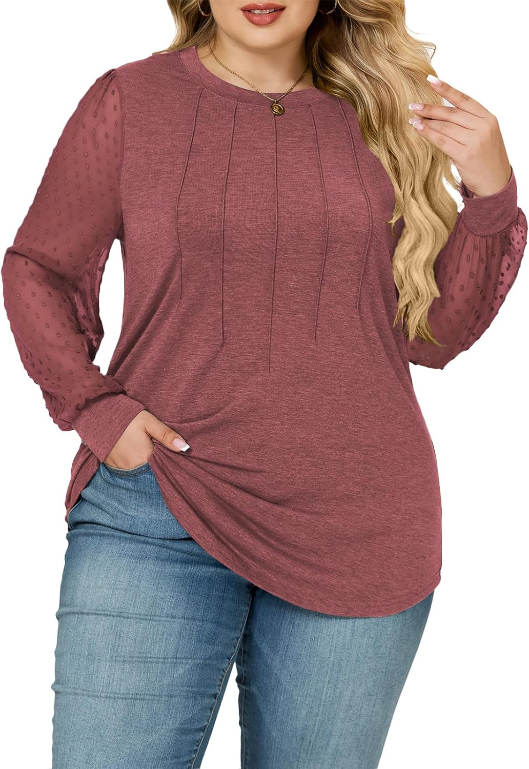 VISLILY Womens-Plus-Size-Tops Dressy Swiss Dotted Puffy Sheer Long Sleeve Blouses Casual Crewneck T Shirts Loose Tunics 1X-5X - Image 2