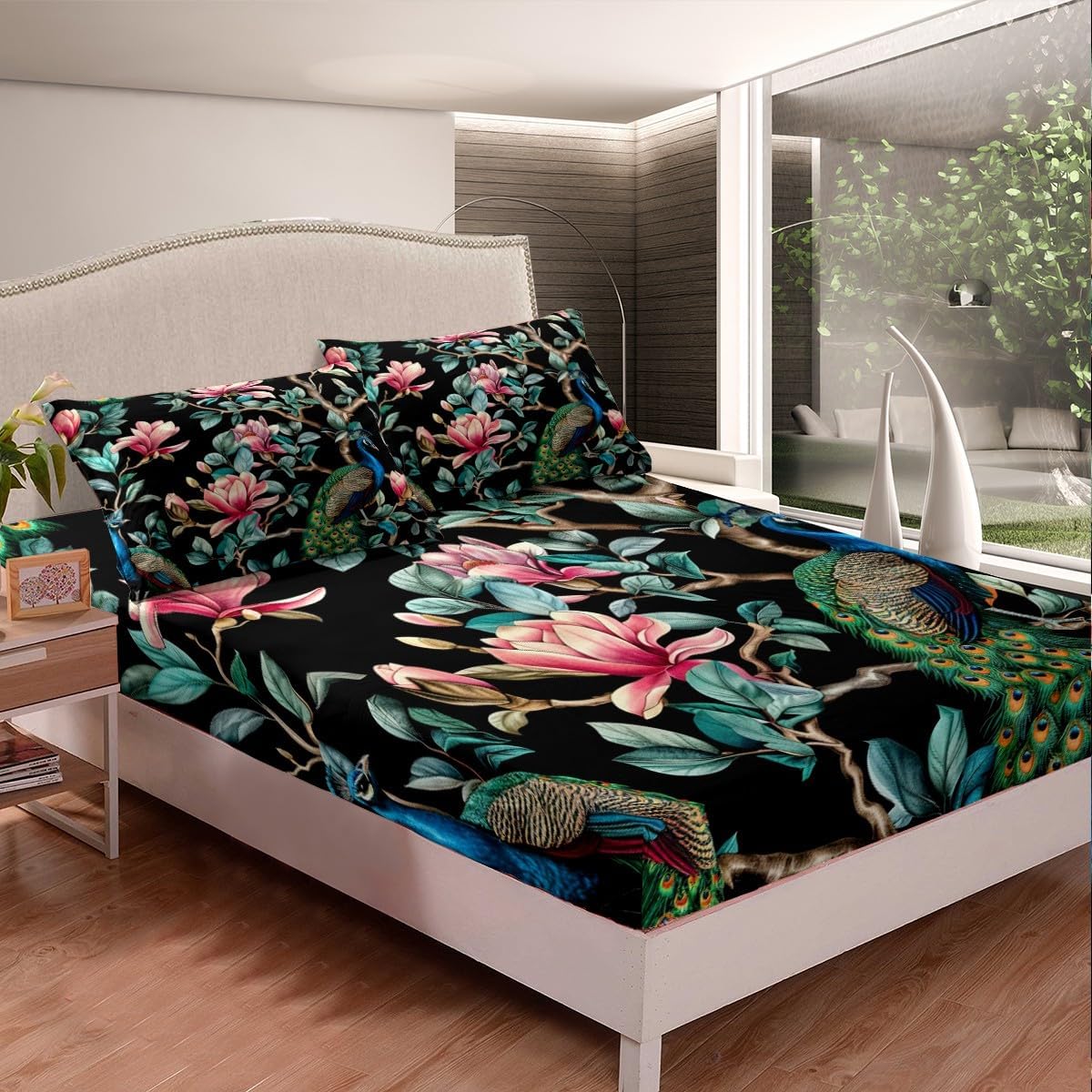 Feelyou Kids Floral Peacock King Size Sheet Set Luxury Peacocks and Long Tails Bed Sheets Set for Girl Boys Flower Branches Sheets with Deep Pocket Fitted Sheet All Season Home Decor,4Pcs