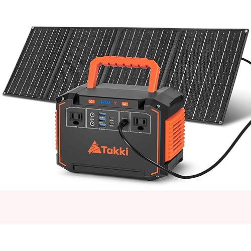 Takki 300W Portable Solar Generator 240Wh Portable Power Station with 40W Foldable Solar Panel, Power Bank with 110V AC Outlet USB DC for Emergency Outdoor Camping Home Use Blackout