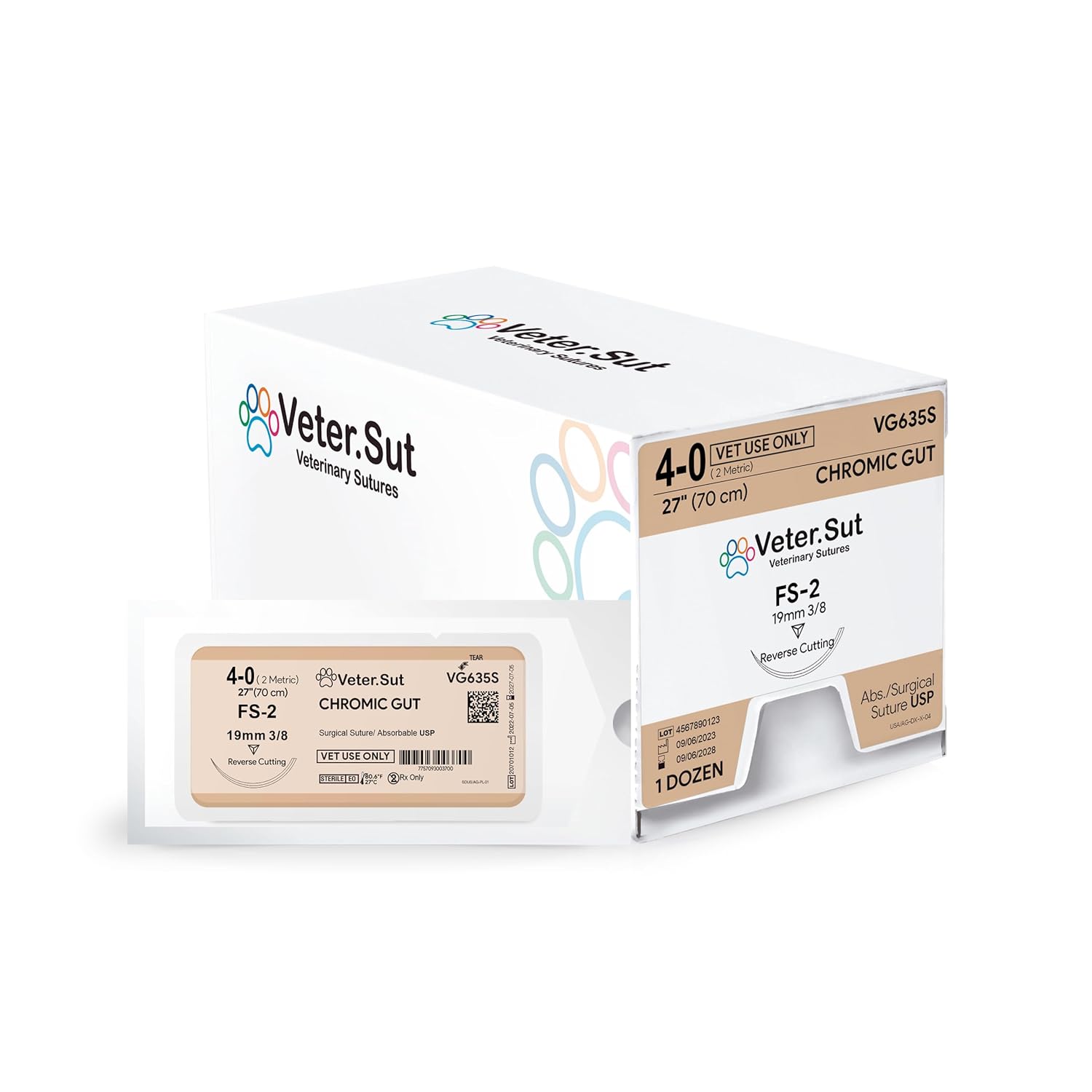 VeterSut CHROMIC Gut Absorbable Surgical Suture USP Size 4-0, (FS-2) 3/8 19mm Reverse Cutting Needle, 28 Inches (70 cm), 12 Count, Veterinary Use