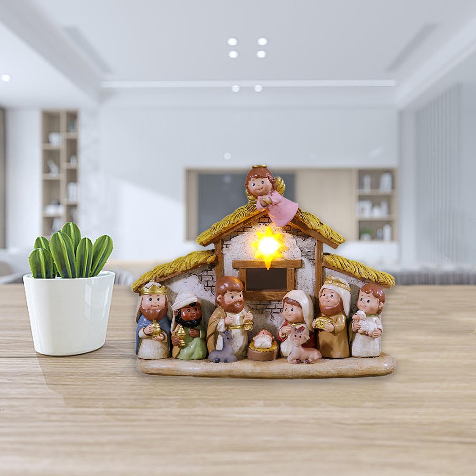 Sharplace Ensemble de crèche de Noël miniature en résine avec décoration lumineuse, sculpture de Noël, joli artisanat décoratif de table, 20,3 x 7,6 x 15,2 cm
