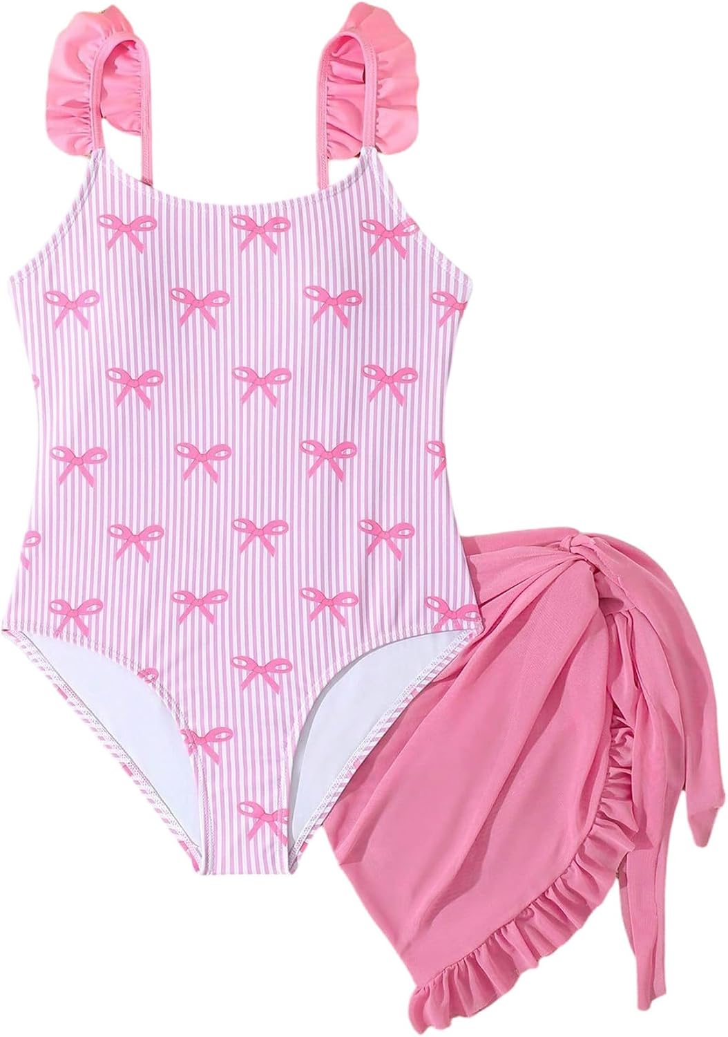 Verdusa Girl's 2 Piece Sets Coquette Bow Striped One Piece Swimsuit with Tie Knot Wrap Skirt
