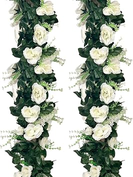 4Pcs 28Ft White Rose Garland, Fake Flower Vines, Artificial Vine Flowers, Rose Hanging Garland for Party Wedding, Garden, Room Table, Christmas, Backdrop Wall Arch Decor