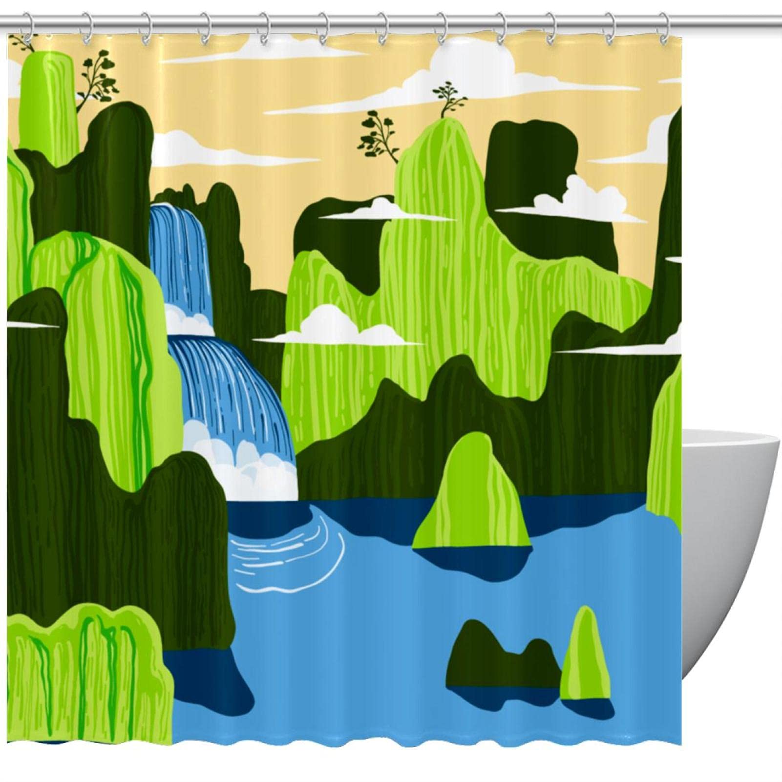 Rideau de douche paysage de montagne vert 183 cm ambiance nature