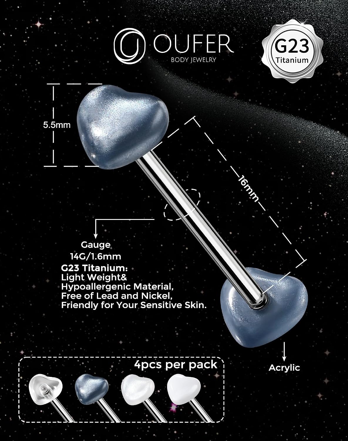 OUFER Titanium Tongue Rings - 14G Acrylic Heart Tongue Bars, Cute Nipple Piercing Jewelry - 16mm