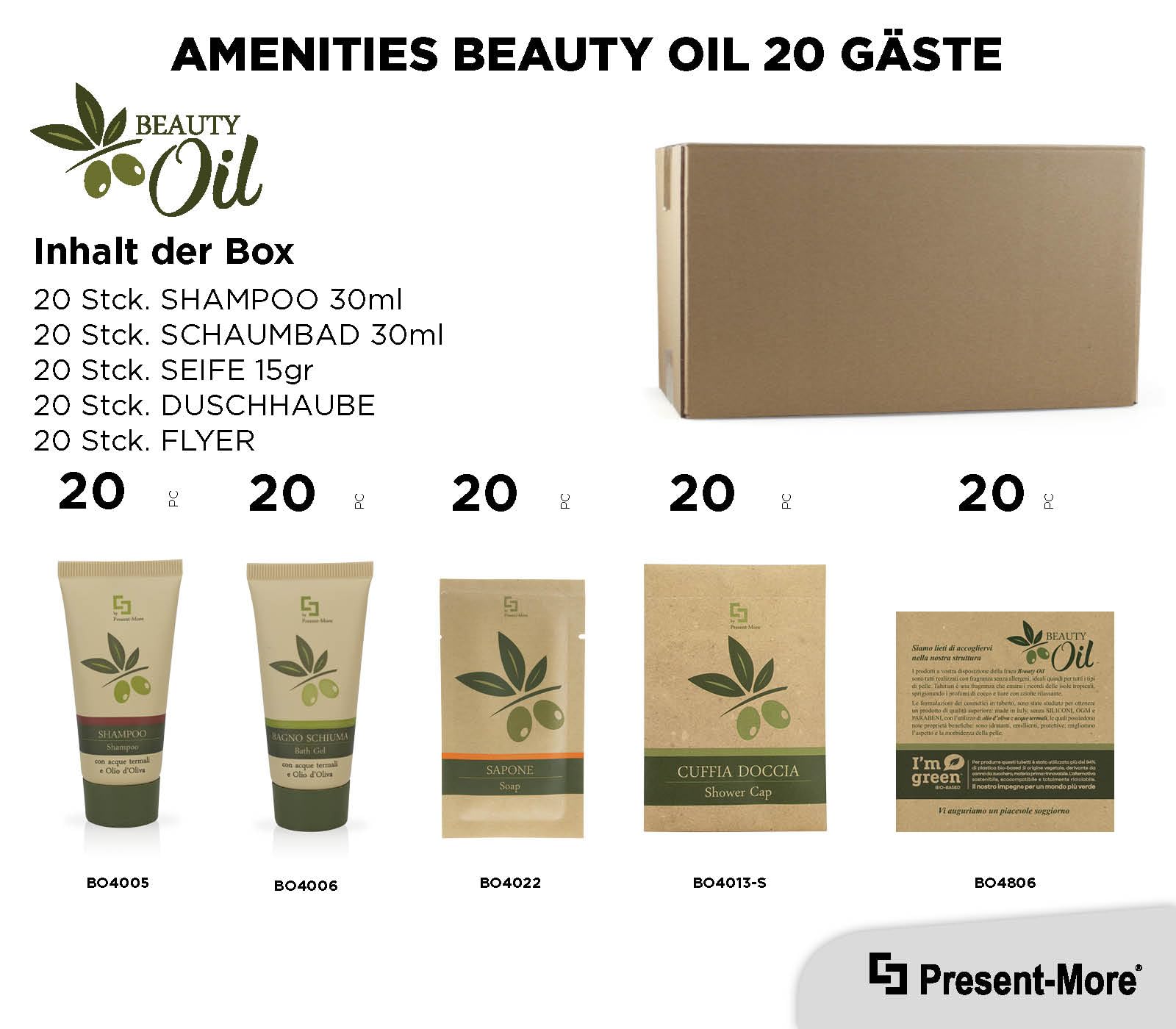 Present-More Amenities Kit Beauty Oil - Toilettenartikel 20 Gäste für Hotels und B&B | Allergenfreie Amenities Kit mit Duftnote Tahitian