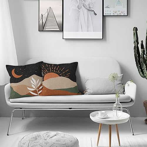 Miniatura 2 de HIWX Juego de 2 fundas de almohada bohemias decorativas con sol y luna y montañas de 18 x 18 pulgadas, estilo bohemio, desierto de sol bohemio para