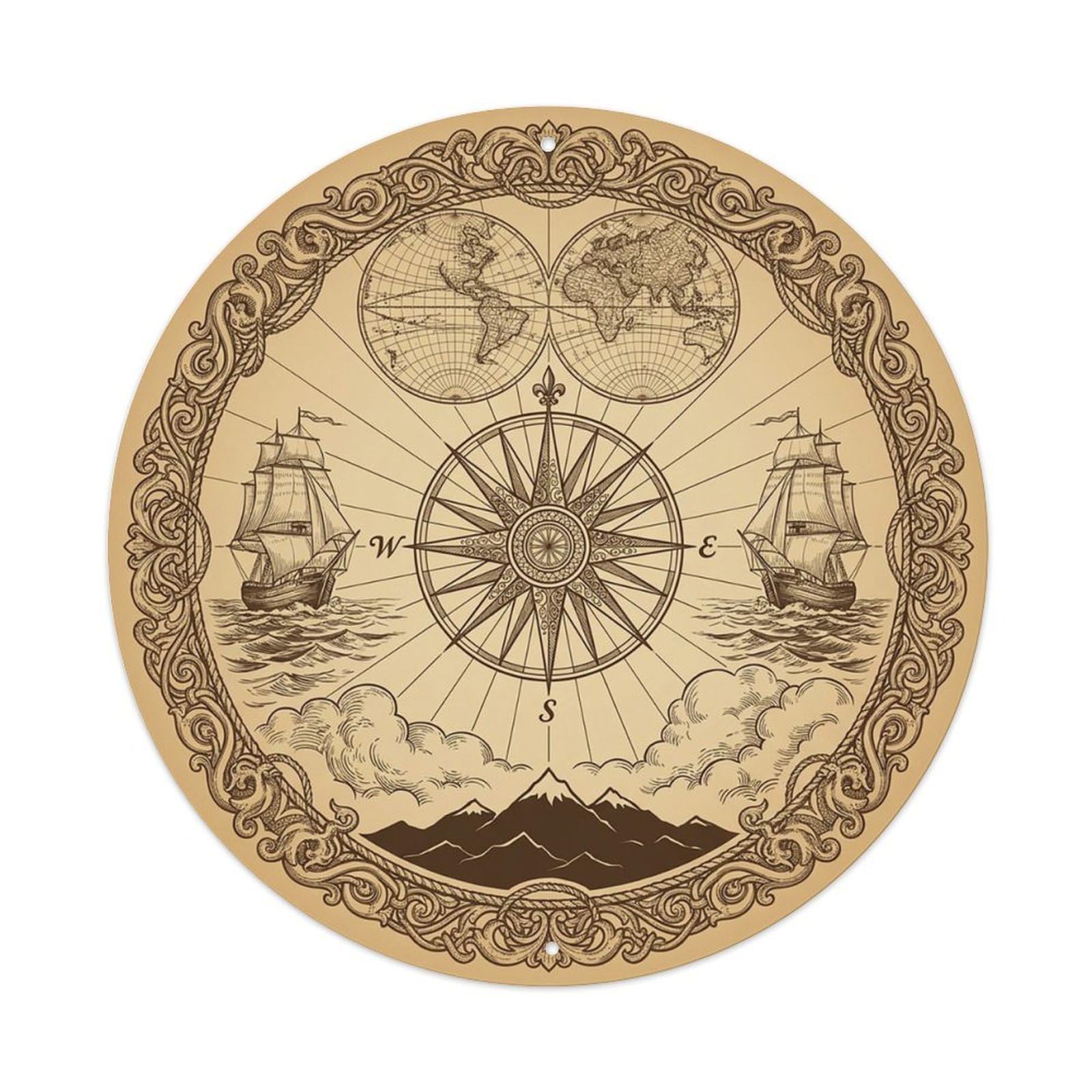 Vintage Nautical Compass World Map Chronometer Path Metal Tin Sign