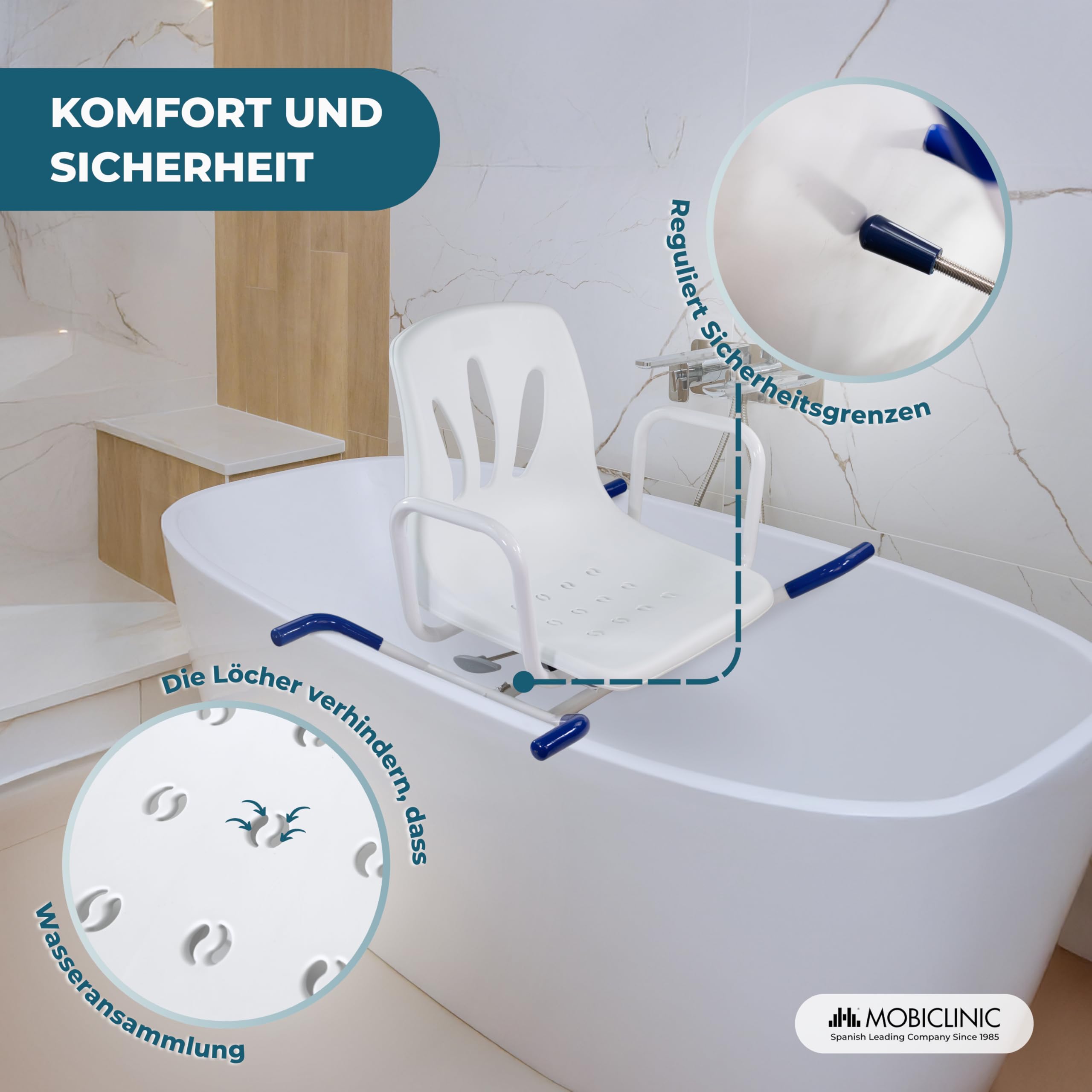 Mobiclinic®, Badewannensitz Drehbar 360º, Europäische Marke, Drehstuhl Dusche, Duschstuhl mit Armlehnen und Rückenlehne, Drehbarer Badewannenstuhl, Wannensitz, Verstellbar, Lago