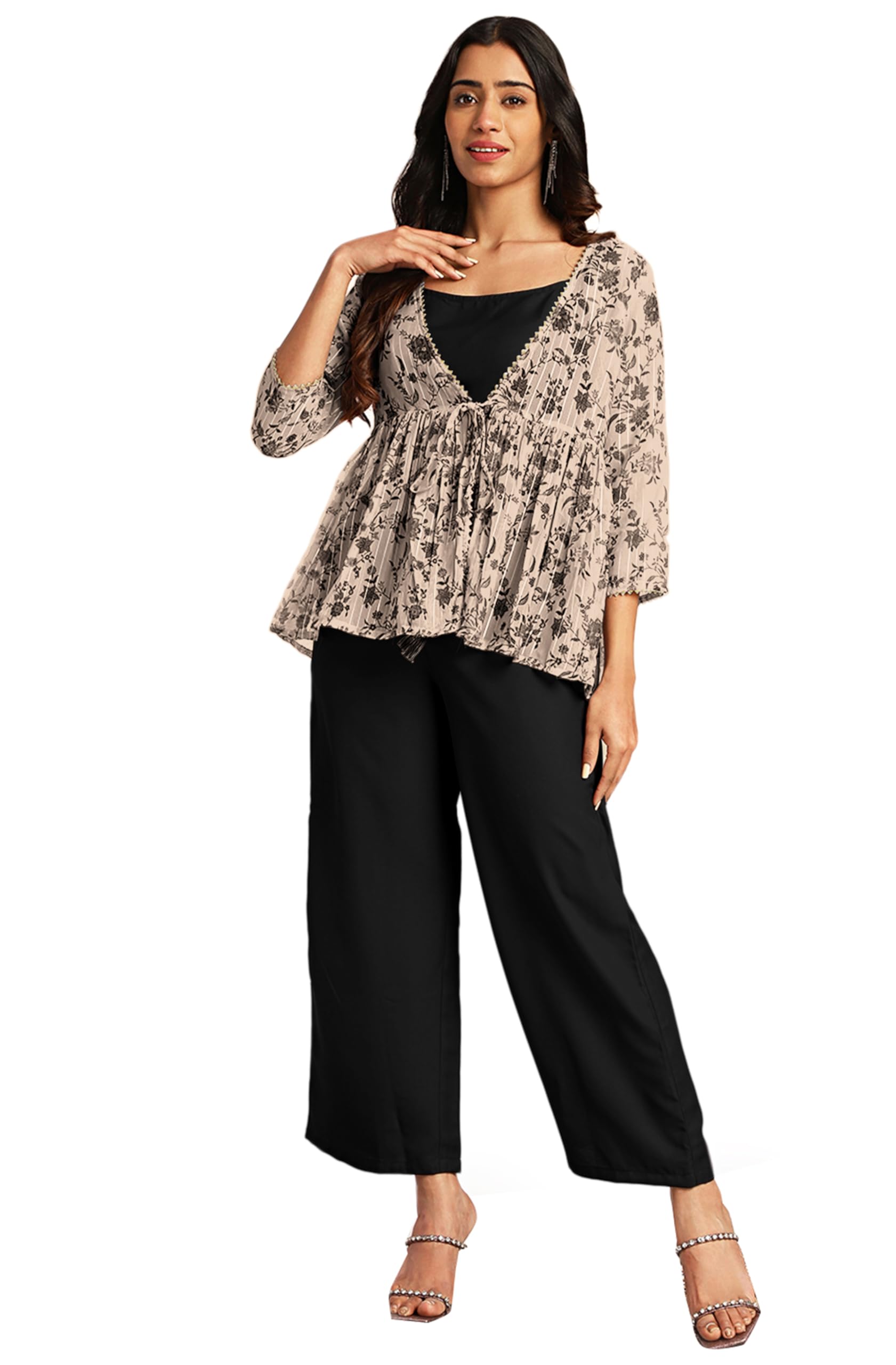 Women's Crepe Floral Printed Crop Top with Pant and Jacket Set