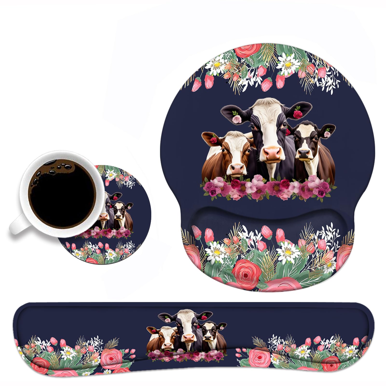Keyboard Wrist Rest and Mouse Pad Wrist Support Set, Non-Slip PU Base Ergonomic Gaming Mousepad for Home Office Working Studying Easy Typing & Pain Relief - Floral Quote Funny Cows Combination