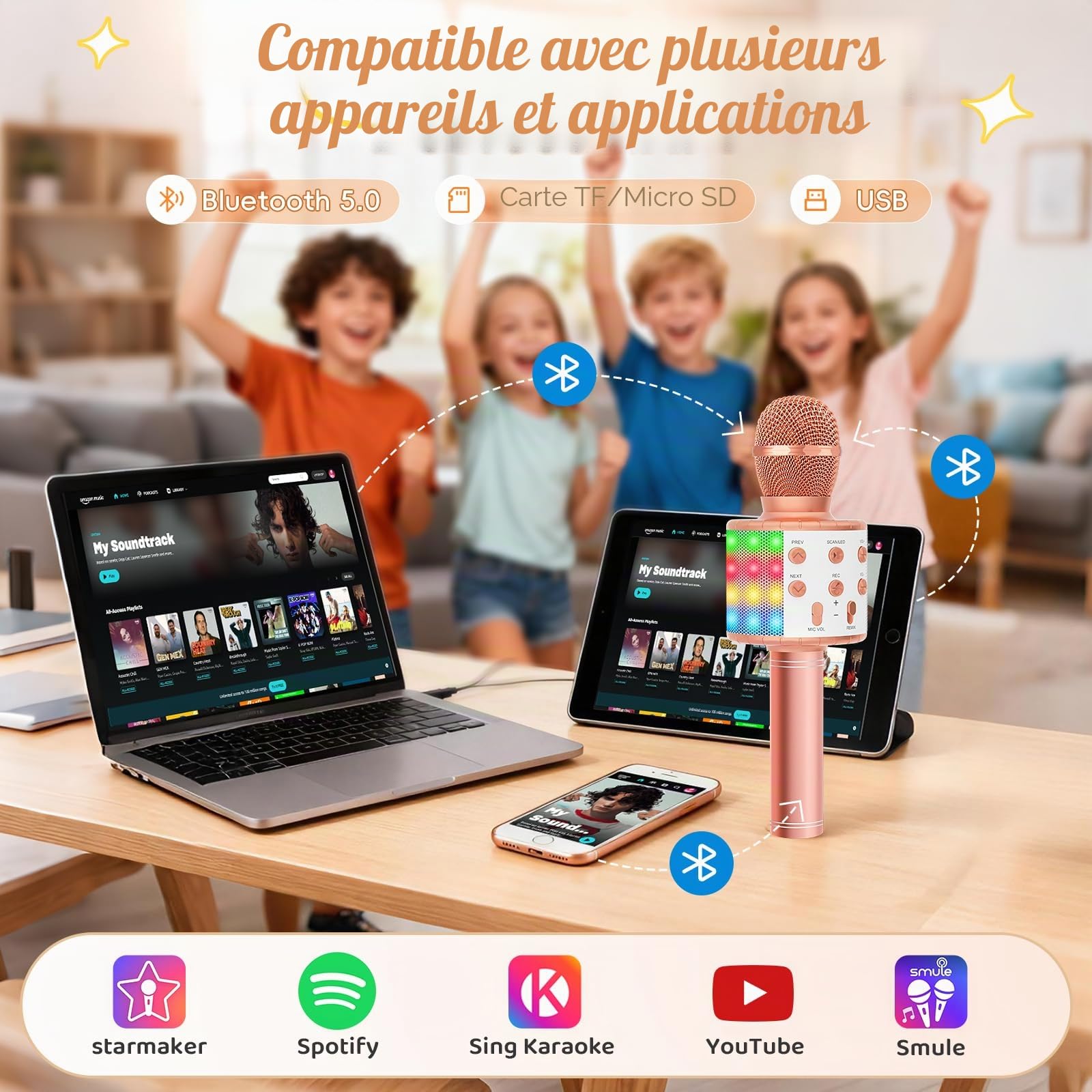 Fede Microphone Karaoké sans Fil Bluetooth avec Lumière LED Multi Couleur, Micro à Main Portable Haut-Parleur pour Enfants/Adultes Chanter, Compatible avec Android/iOS/PC/Smartphone