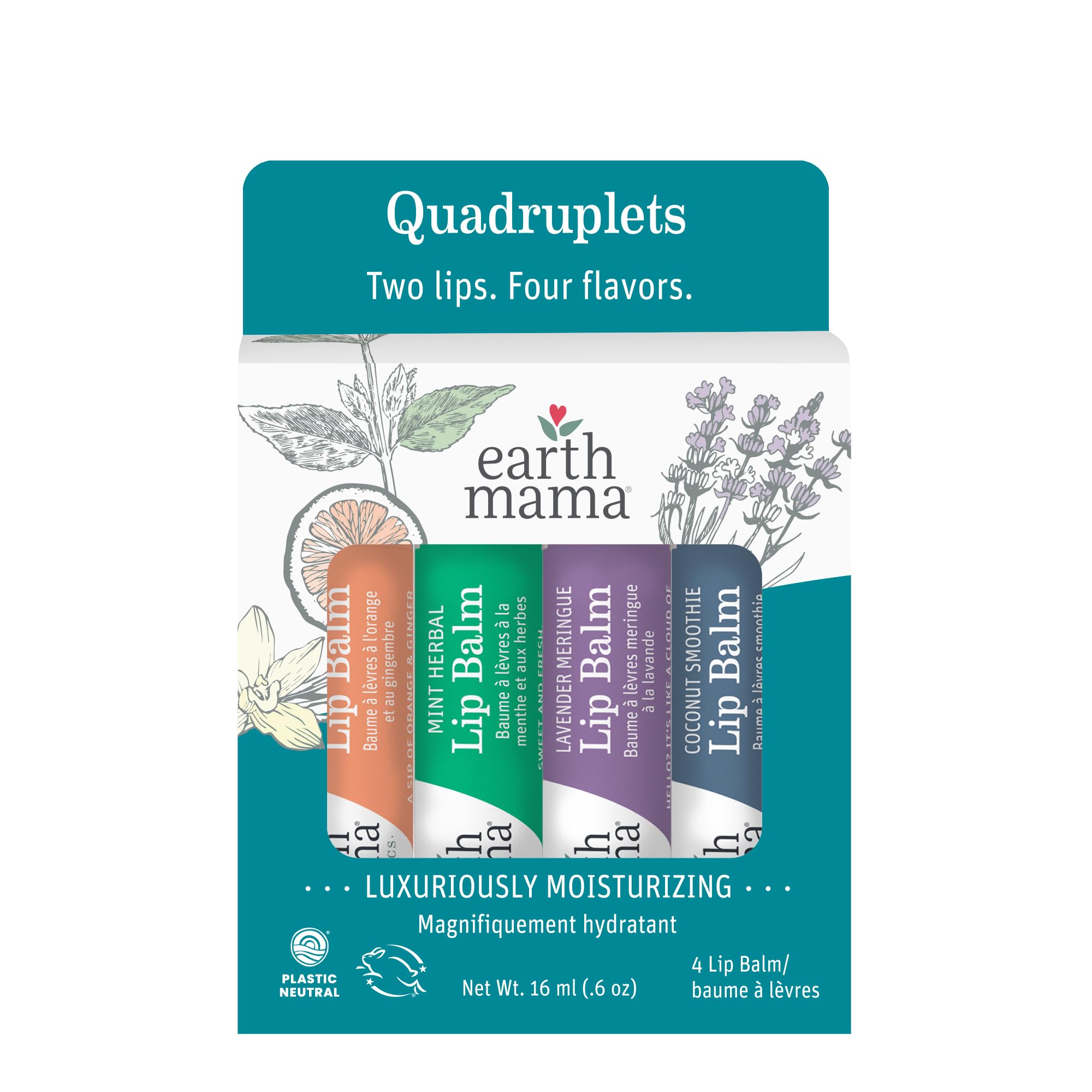 Earth Mama Lip Balm Variety Pack | Quadruplets 4 Pack | Lavender Meringue, Mint Herbal, Coconut Smoothie & Orange Ginger | Soothing & Hydrating Lip Moisturizer