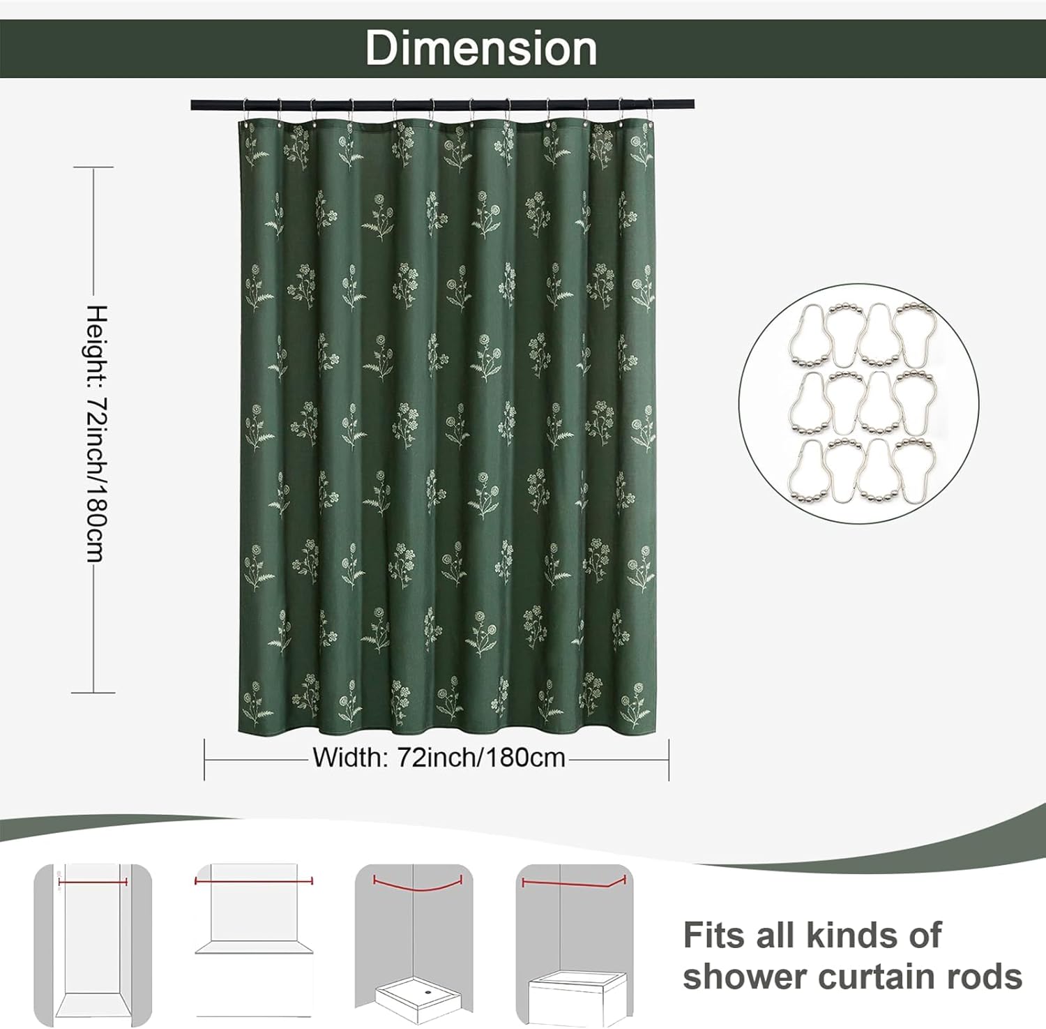 ORTIGIA Linen Shower Curtain Farmhouse Vintage Shower Curtains Set Boho Green Floral Cottagecore Rustic Block Print Decor for Bathroom 72 W x 72 L