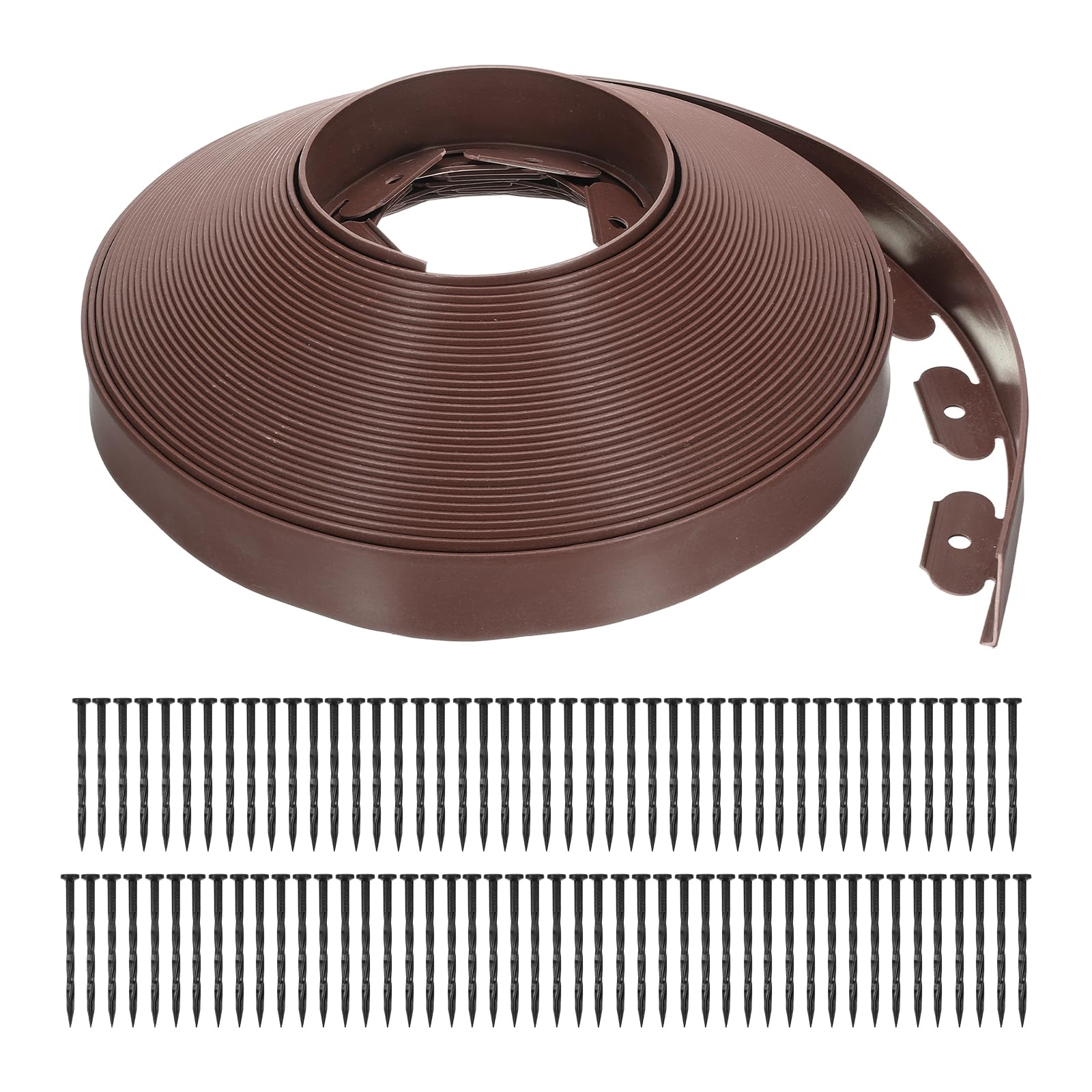 sourcing map Landscape Edging, 1Pcs 100FT x 2" - Garden Edging Kit with 93 Stakes, Landscape Edging Border for Garden Lawn Flower Bed Yard Grass (Brown)