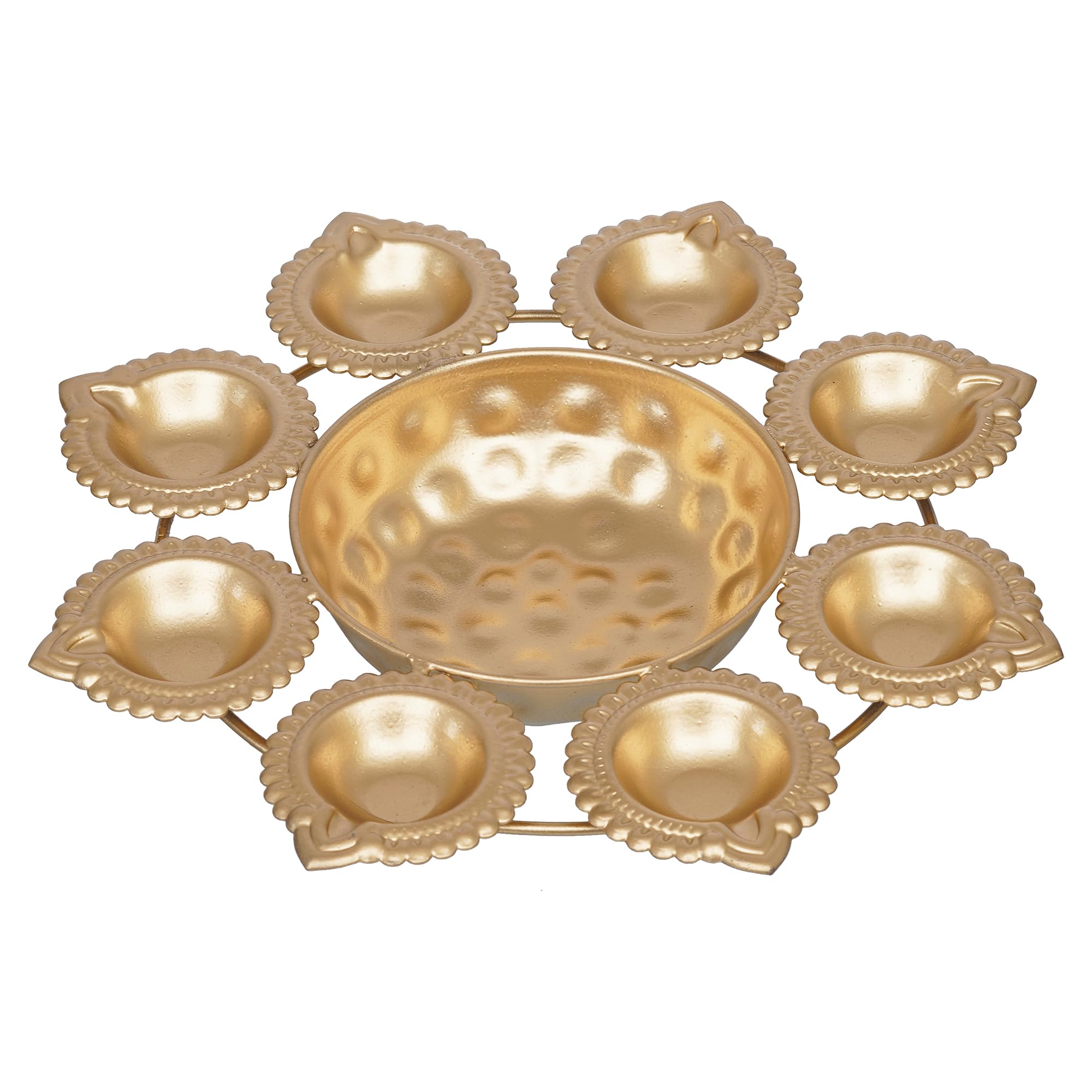 eCraftIndia Golden Metal Handcrafted Decorative Urli with 8 Diyas | Urli Bowl for Home Decor | Urli for Floating Flowers | Diwali Decoration Items for Home Decor | Housewarming Diwali Gift 1
