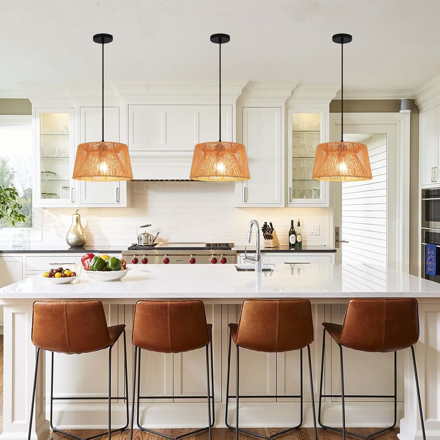 Rattan Pendant Light,boho hanging light Fixture Kitchen Island,Handwoven wicker Flush Mount ceiling light fixtures,Coastal Natural rattan chandelier for dining room Bedroom Living Room Hallway