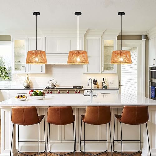 Miniatura 8 de Lámpara colgante de ratán, lámpara colgante bohemia para isla de cocina, lámparas de techo de mimbre tejido a mano, candelabro de ratán natural