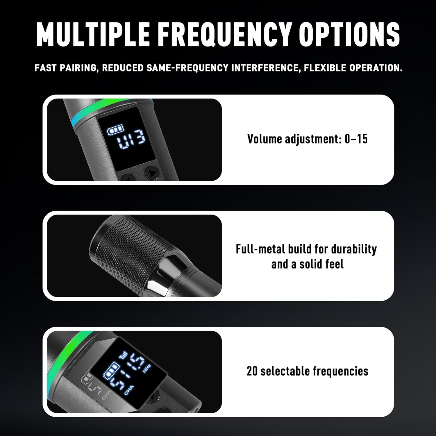 Wireless Microphones, Professional Rechargeable Karaoke Microphone System, Dual Channel UHF All-Metal Portable Mics with 262ft Range for Singing, Speaking, Meetings, Events, Church, Wedding