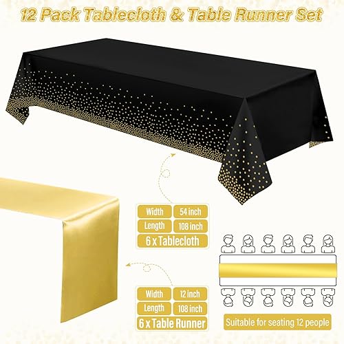 Miniatura 10 de Paquete de 12 manteles y caminos de mesa azules y dorados para decoración de fiesta, mantel desechable de plástico azul real y dorado y camino