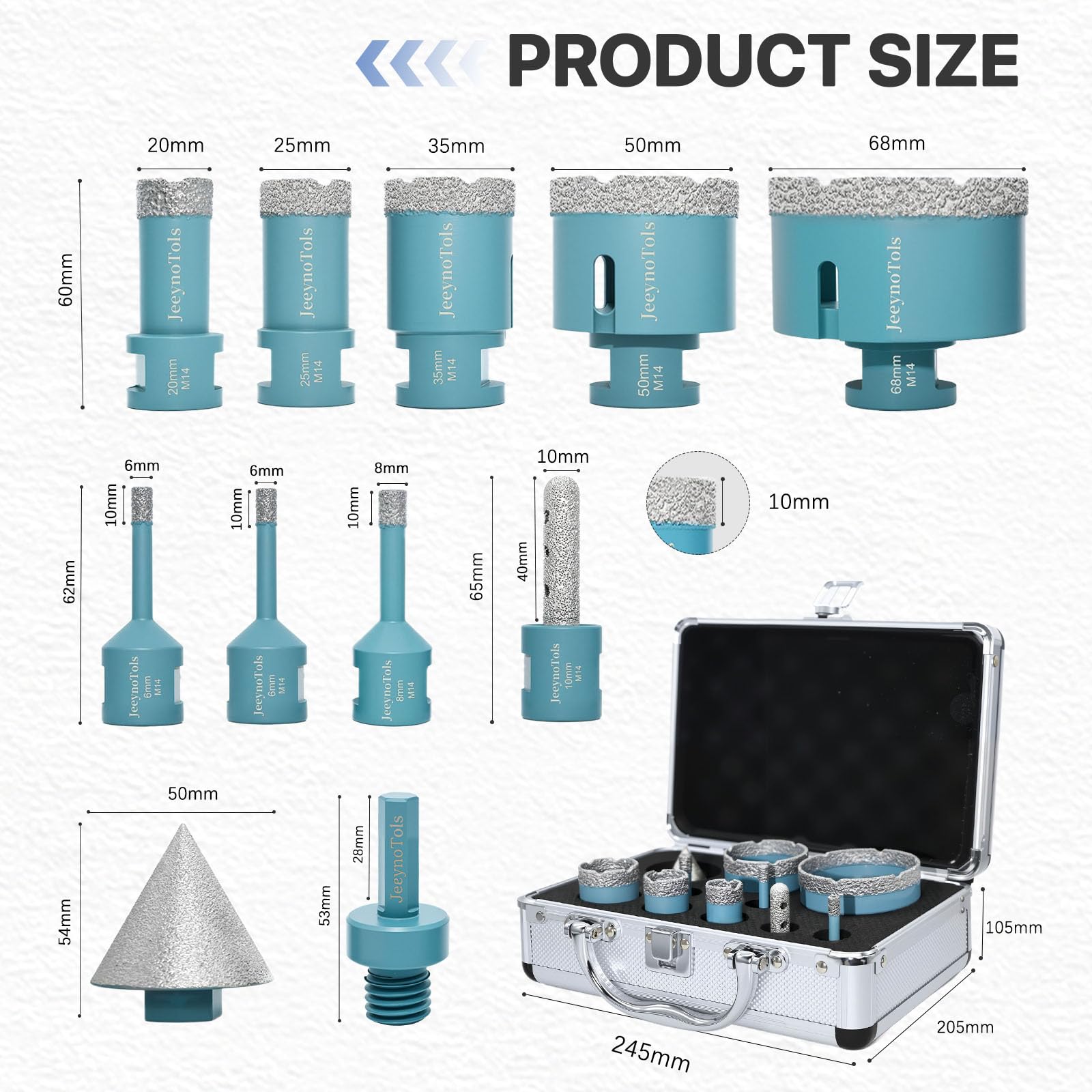 Broca diamante kit 11 piezas (6/6/8/20/25/35/50/68mm + 10mm fresa + 50mm broca biseladora + adaptador hexagonal) - M14 corona diamante kit para azulejos