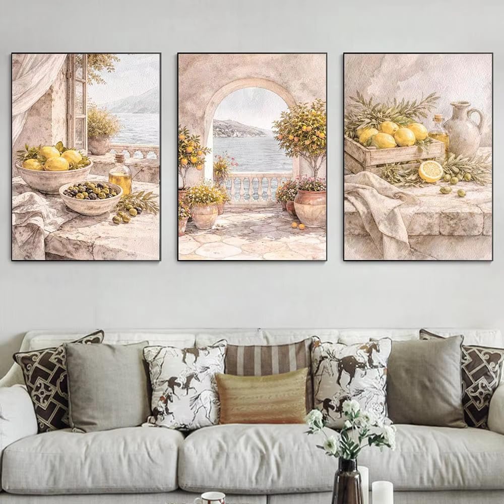 GOSRD Cuadro impreso en lienzo con acuarela vintage de naturaleza muerta para pared, estilo costero (50x75cm - 3 piezas/marco interno)