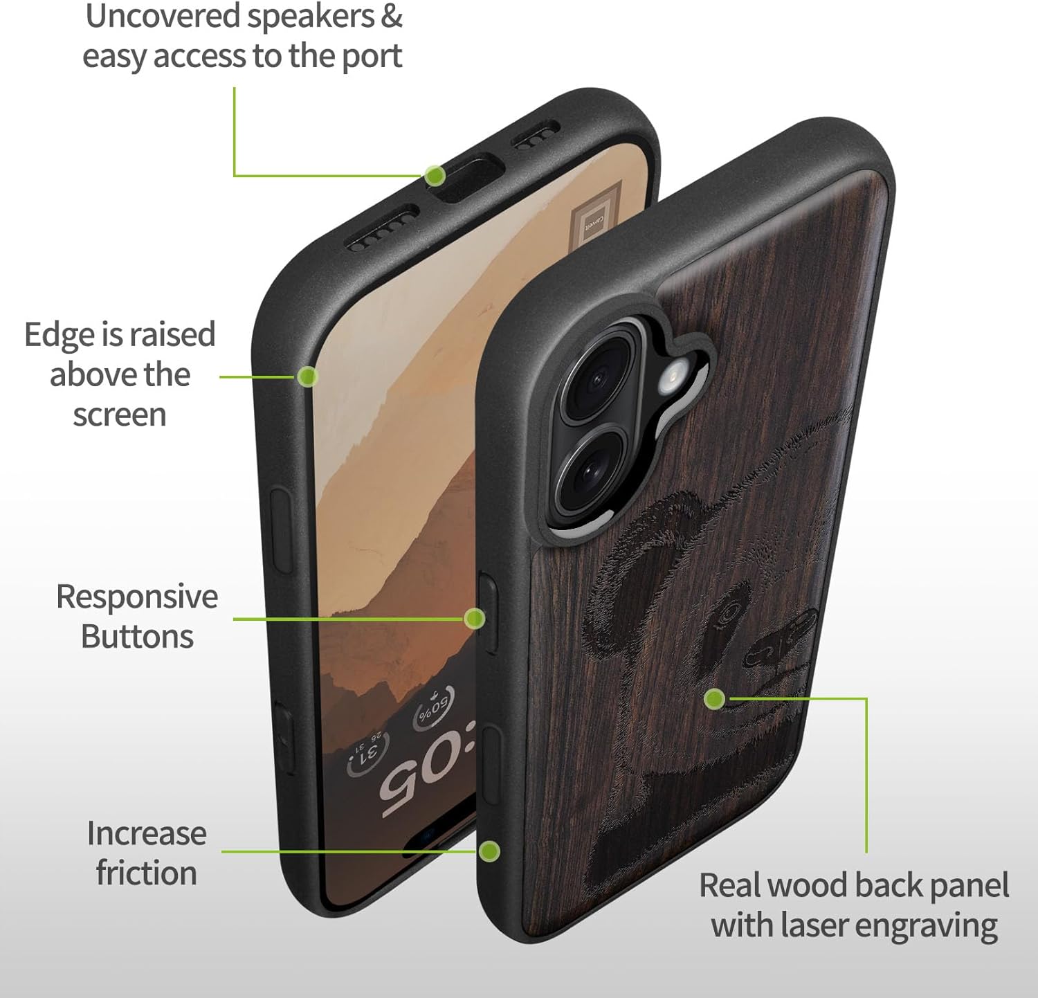 Carveit Magnetic Wooden Case for iPhone 16 Case, Wood Artisan Engraved & Black Soft TPU Shockproof Cover, Compatible with MagSafe Wireless Chargers (The Giant Panda's Gaze) Blackwood
