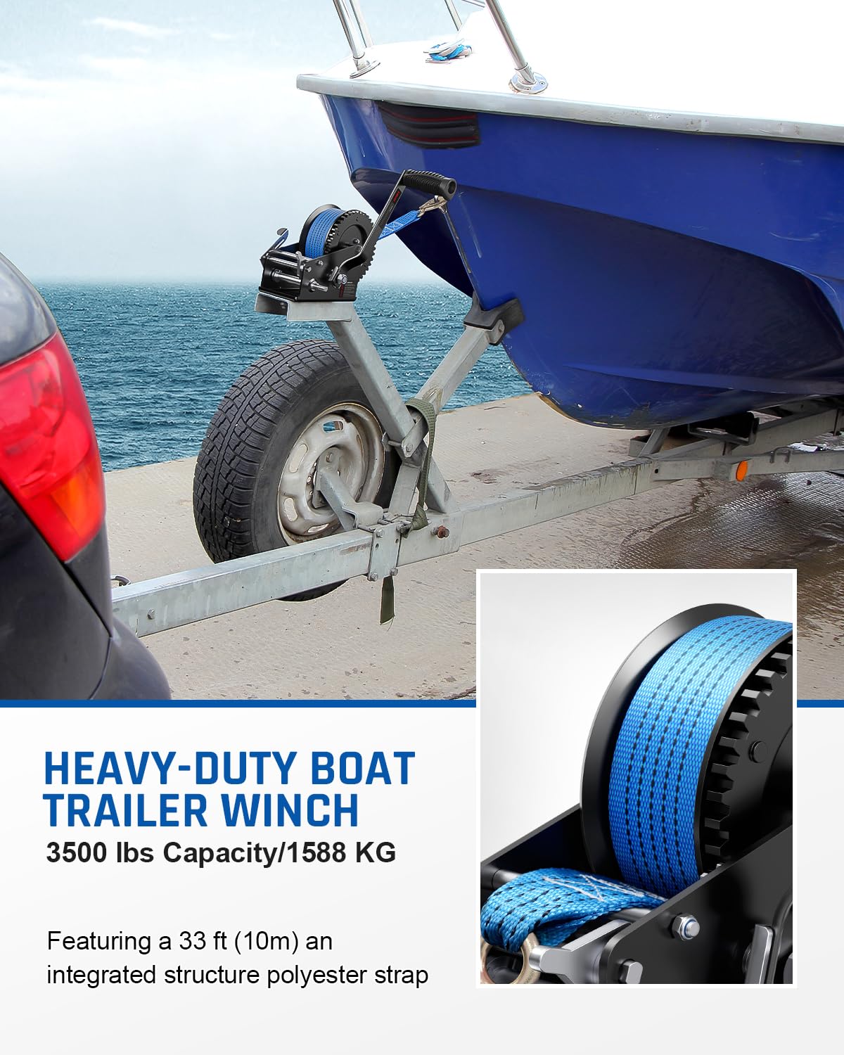 Kolvoii 3500lbs Boat Trailer Winch with 33FT Strap, Heavy Duty Hand Winch 2-Way Ratchet 4:1/8:1 Gear Ratio, Comfortable Handle for Boat, Trailer, Marine, and Jet Ski - Blue