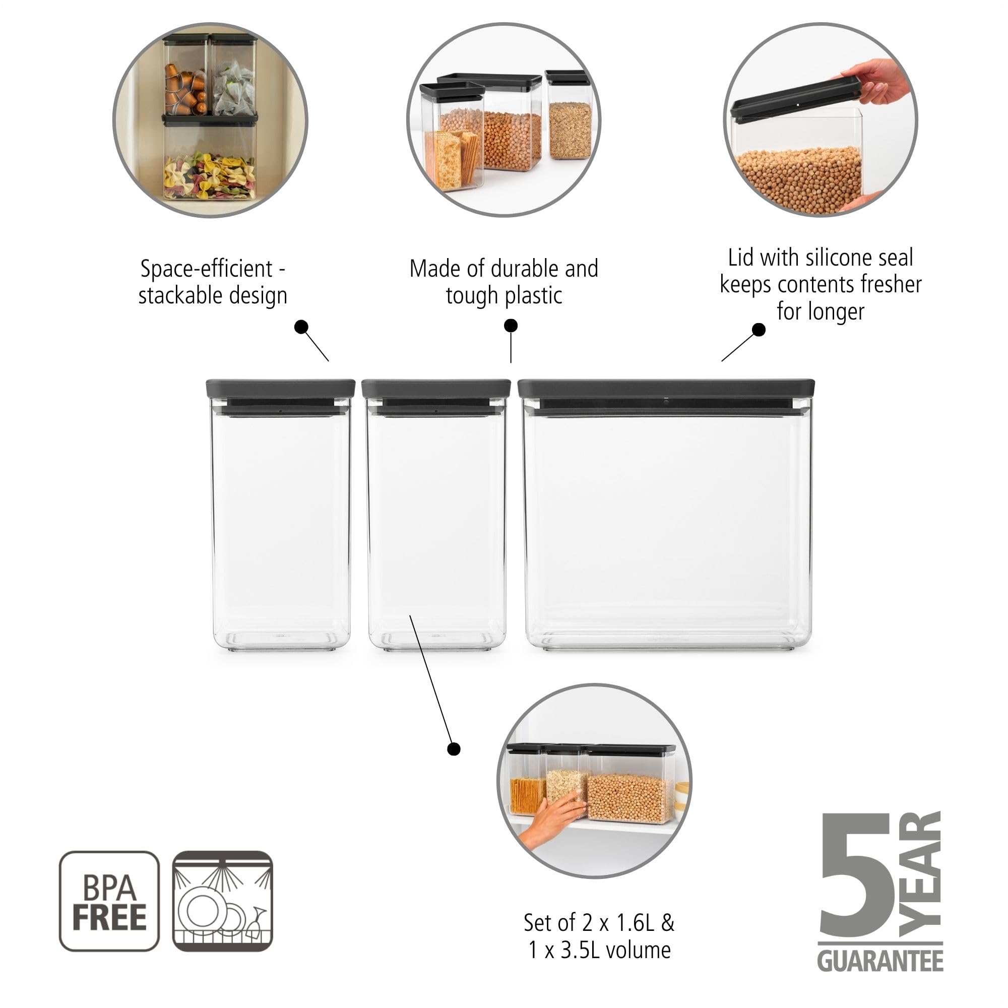 Brabantia TASTY+ Stapelbare Behälter 3er-Set – 2 x 1,6 l +1 x 3,5 l | Luftdichte Vorratsdose mit Silikondichtung für die Küche | Gefäße für trockene und feuchte Lebensmittel, Zucker, Mehl | Dark Grey