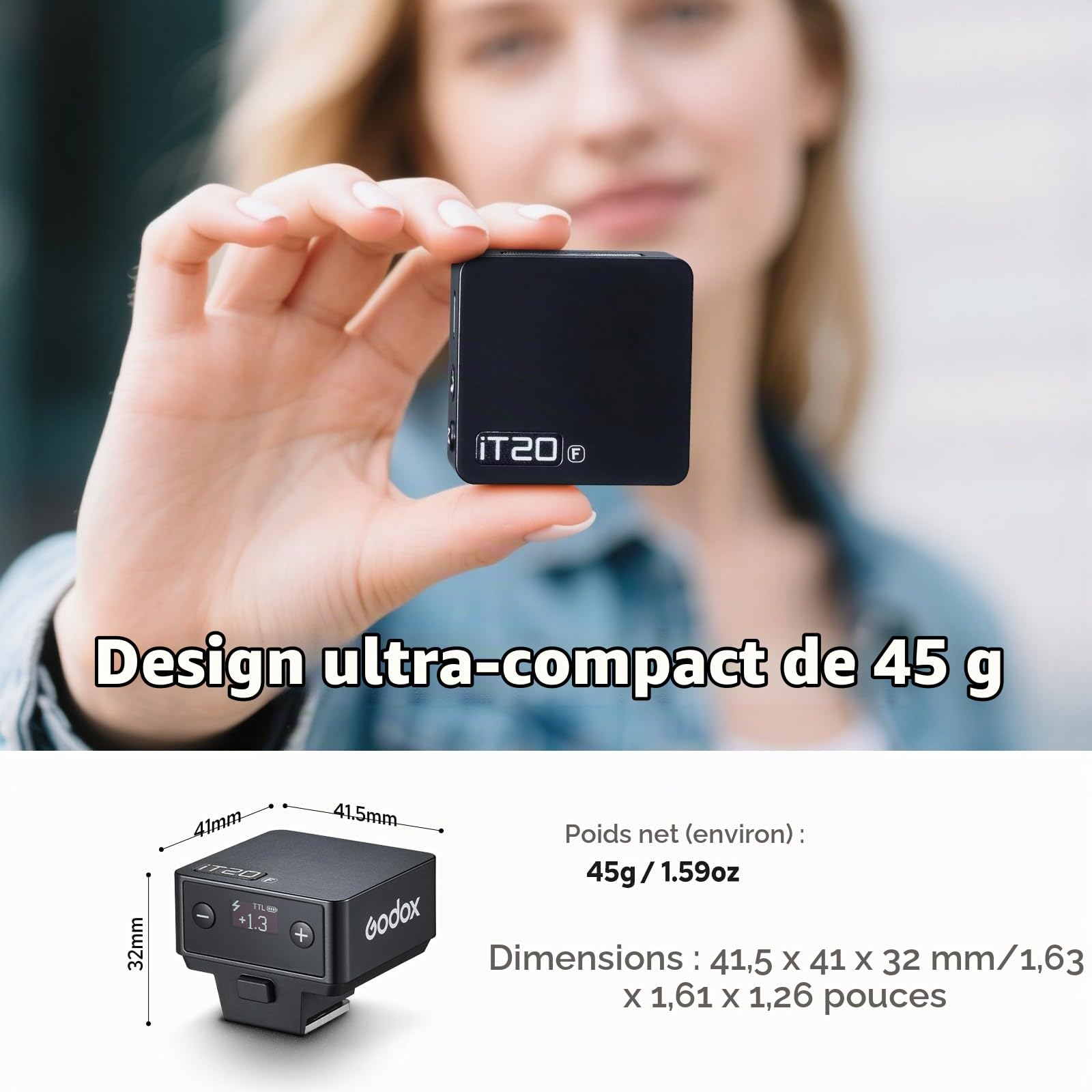 Godox iT20F TTL Mini Flash pour Fujifilm, Batterie Intégrée Recharge USB-C | Flash Appareil Photo, 700 Flashes à Pleine Puissance, 1,5 s Recycle Rapide, Diffuseur Magnétique et Filtre de Couleur (Noir)