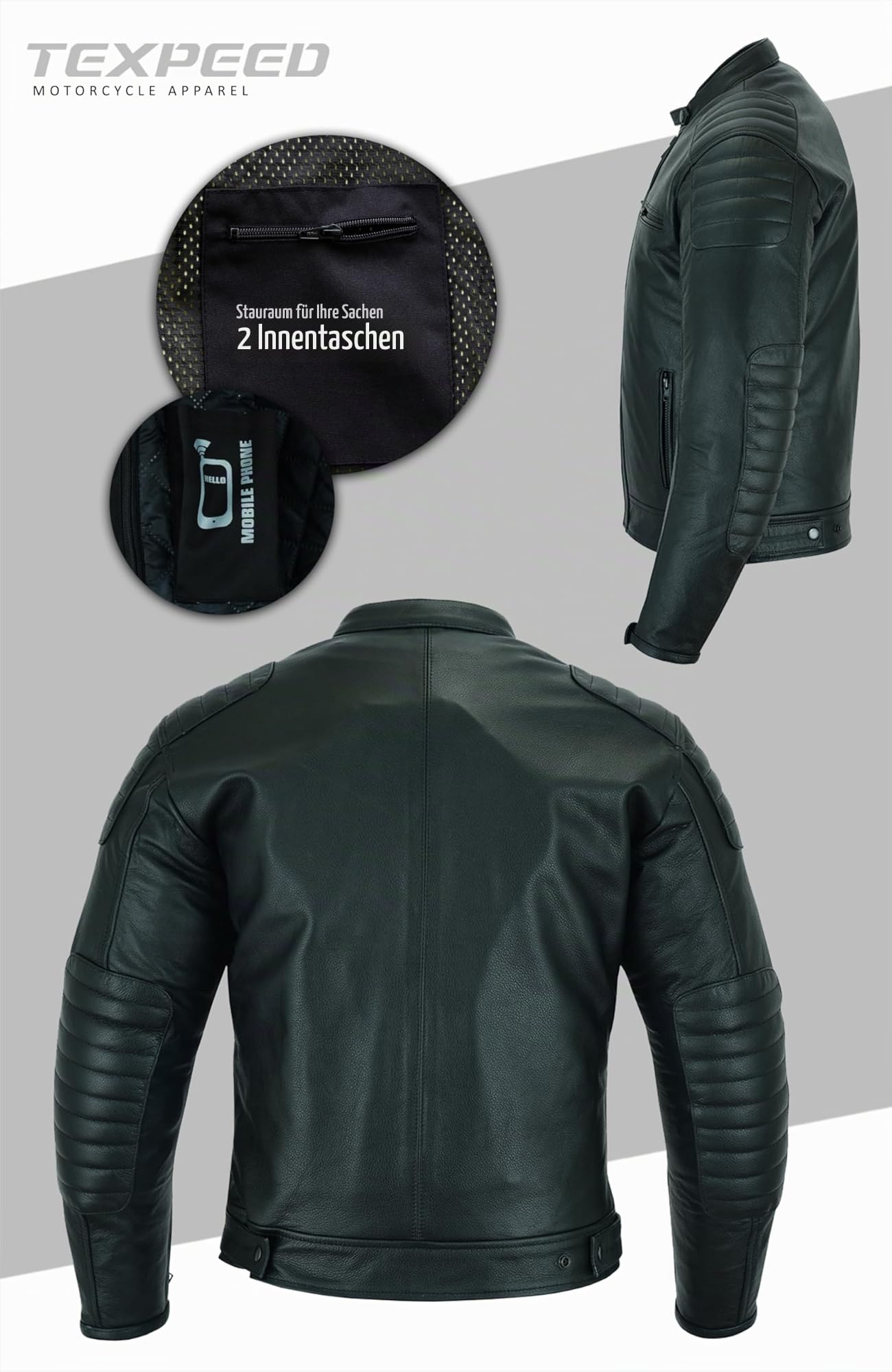 Texpeed Motorrad lederjacke herren mit protektoren - Schwarz Winter/Sommer Gesteppt echtleder Bikerjacke - Motorrad mit original biker rüstung gepanzert (EN 1621-1) Schutz L