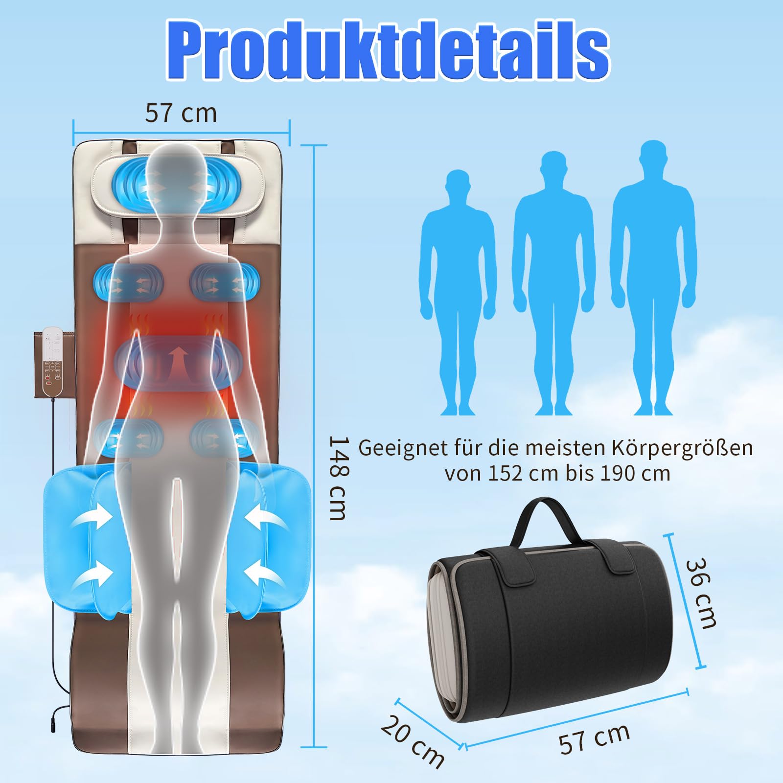 Tapis de massage pour tout le corps, étirement 3D et traction lombaire, chauffage du dos, traction vers le haut et vers le bas, tour de virage, gauche et droite, 4 modes, 3 intensités, 3 niveaux de