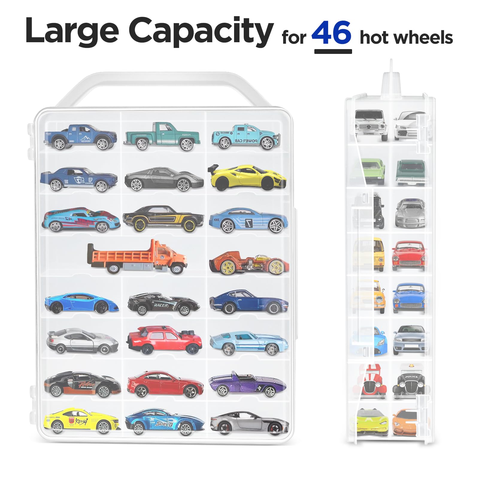 CollectHall Car Model Storage Case Box, Portable Suitcase for 46 H0T WHEELS or Matchbox Cars with Individual Parking Space and Dust Proof -(Ultimate Plastic)