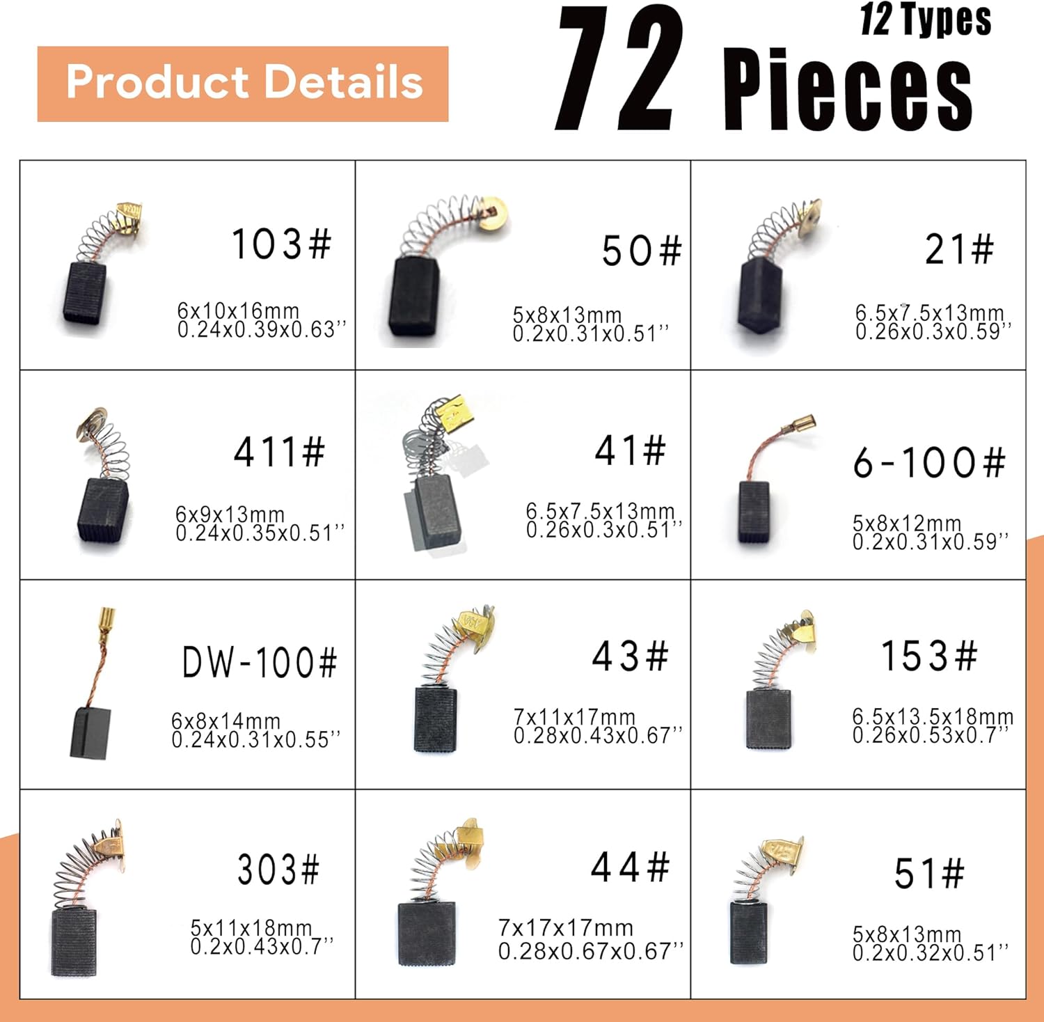 Electric Motor Carbon Brushes for Power Tools Maintenance Repair, Set of 72 PCS in 12 Different Sizes for Angle Grinders, Circular Saws, Electric Hammer Drills
