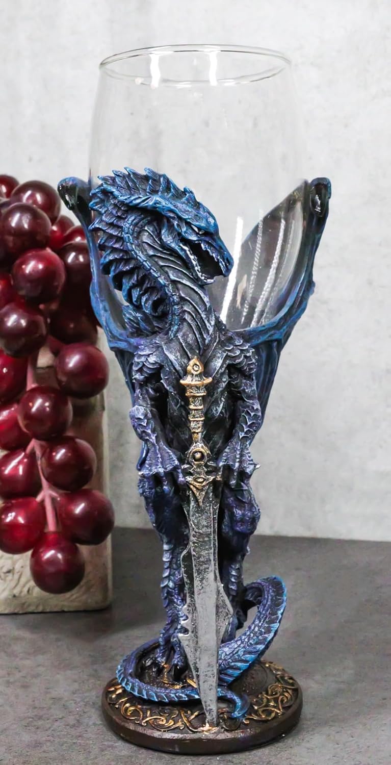 Ebros Gift Ruth Thompson Blue Dragon Storm Blade Sword Glass Wine Goblet Chalice Cup Dragon Blade Series Collection Mythical Fantasy Party Hosting Accent