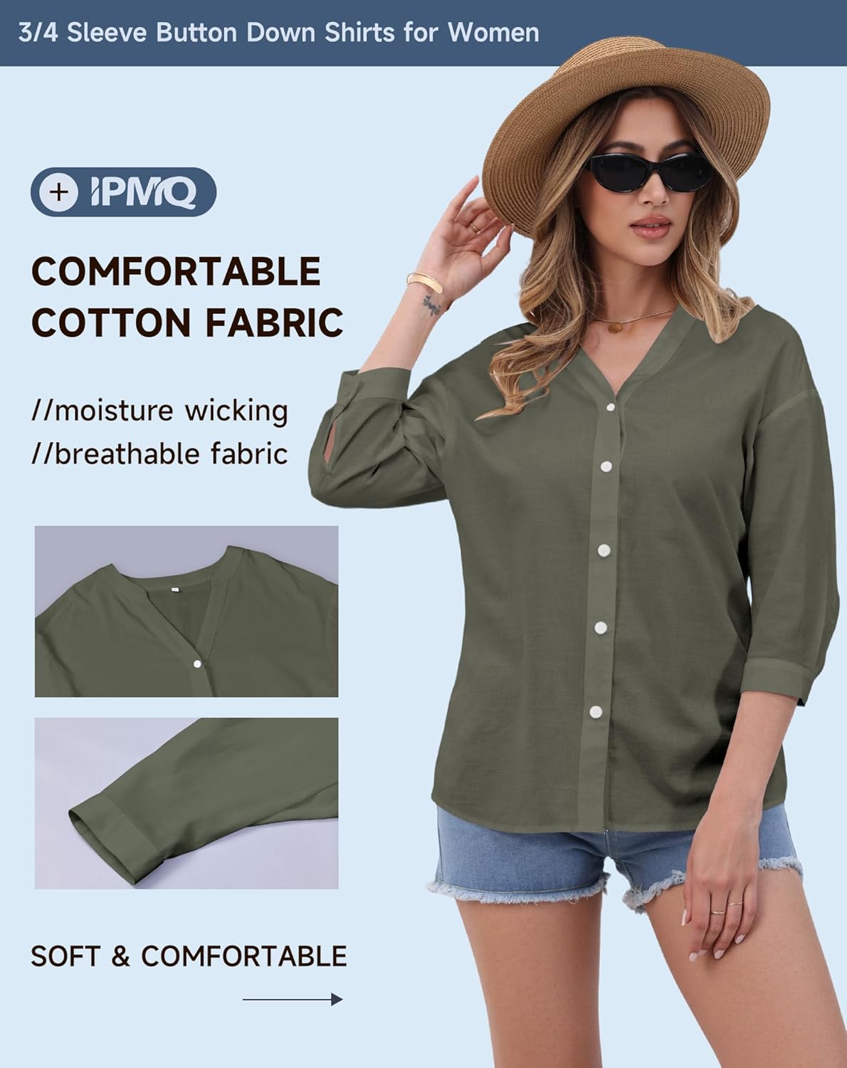 Womens Cotton Button Down Shirts 3/4 Sleeve Casual Loose Fit V Neck Stylish Breathable Summer Spring Blouses Top - Image 5