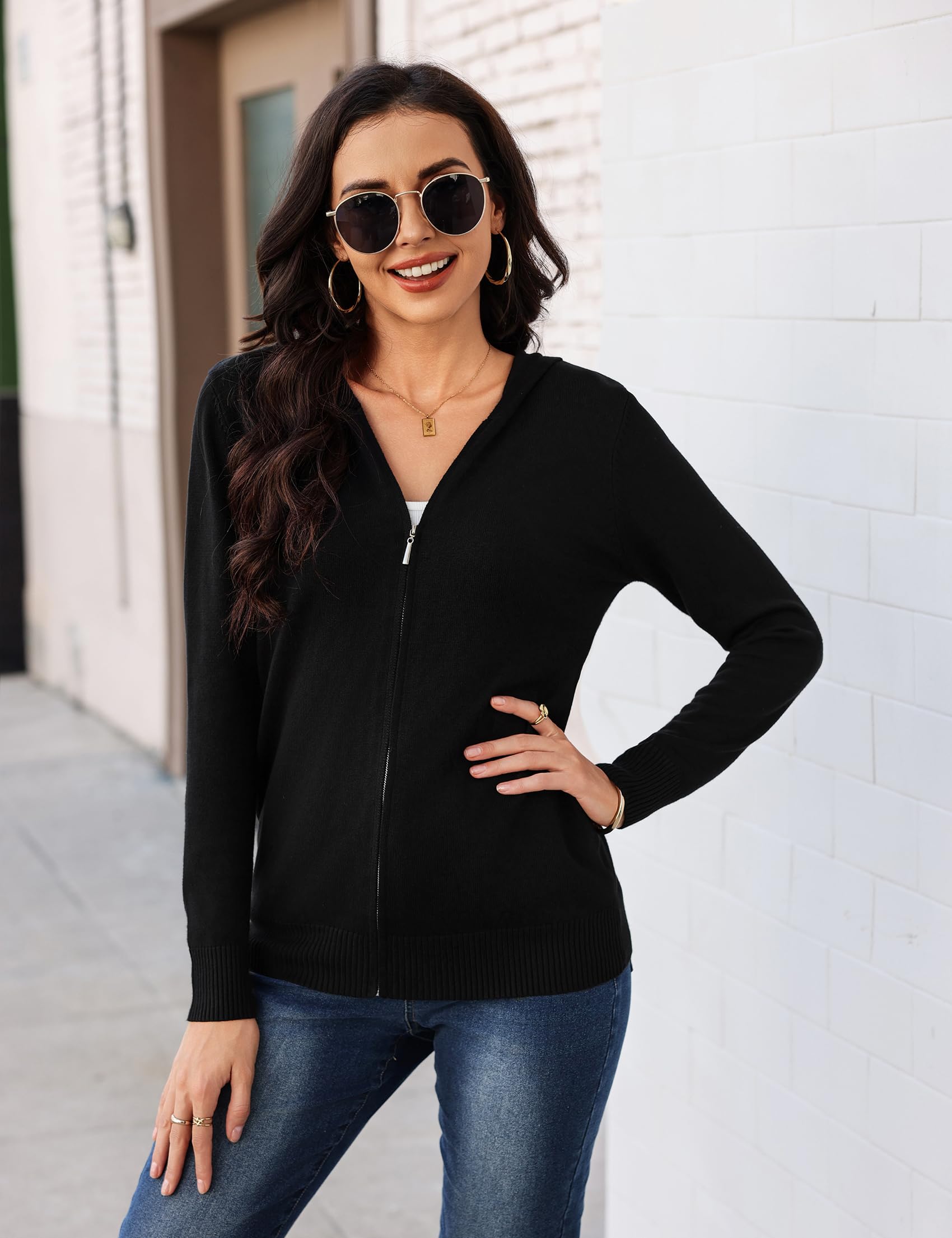 Aottori Gilet Cardigan Zippé Femme Chic et Elegant à Capuche Manches Longues Tricoté Léger Veste Sweat Pull Casual Automne Hiver