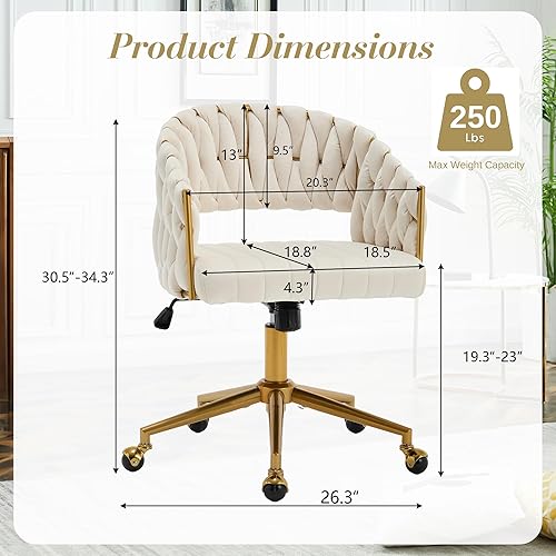 Miniatura 2 de ABET Silla de escritorio con ruedas, silla de terciopelo para oficina en casa, sillón giratorio con base dorada, inclinación trasera ajustable,