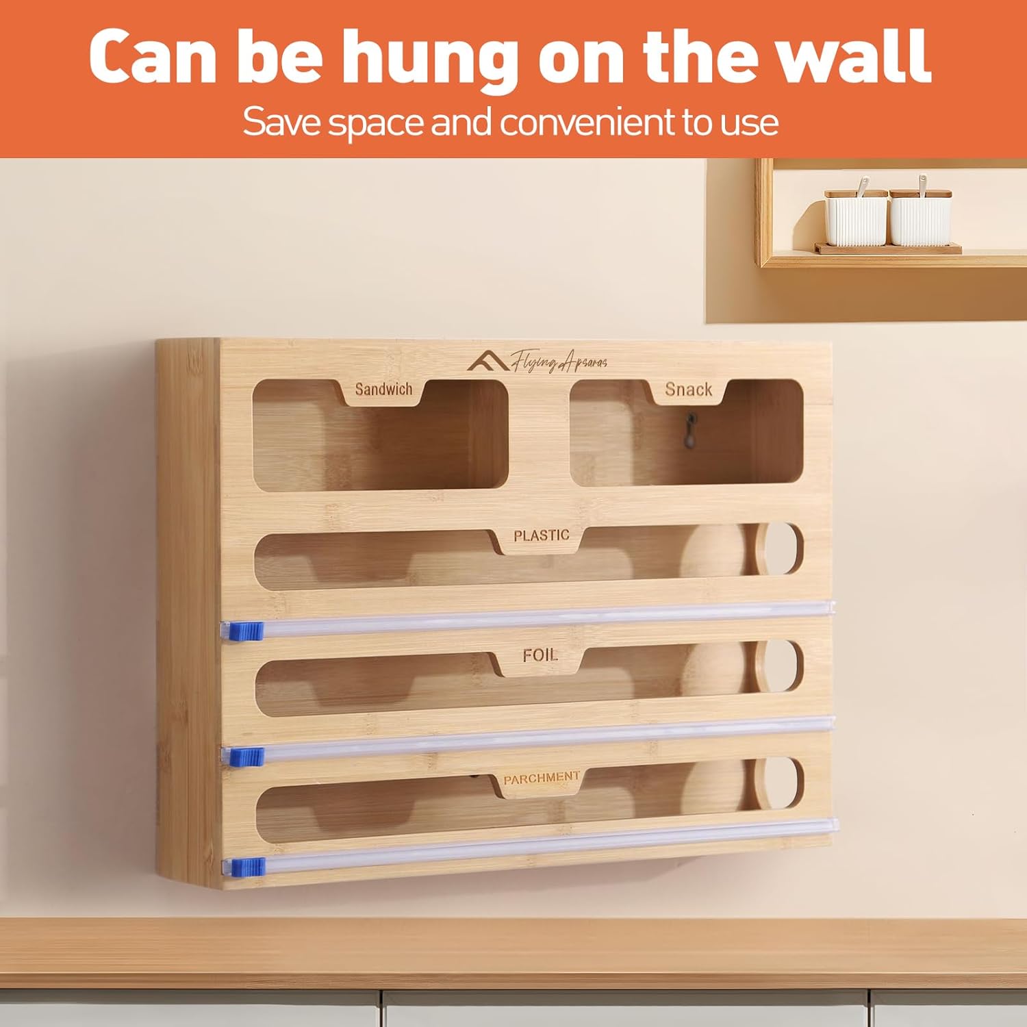 APSARAS USA 5 in 1 Bamboo Foil and Plastic Wrap Organizer for Kitchen Drawer, Ziplock Bag Organizer, Saran Wrap Dispenser with Cutter, Plastic Bag Organizer, Food Storage Bag Organization