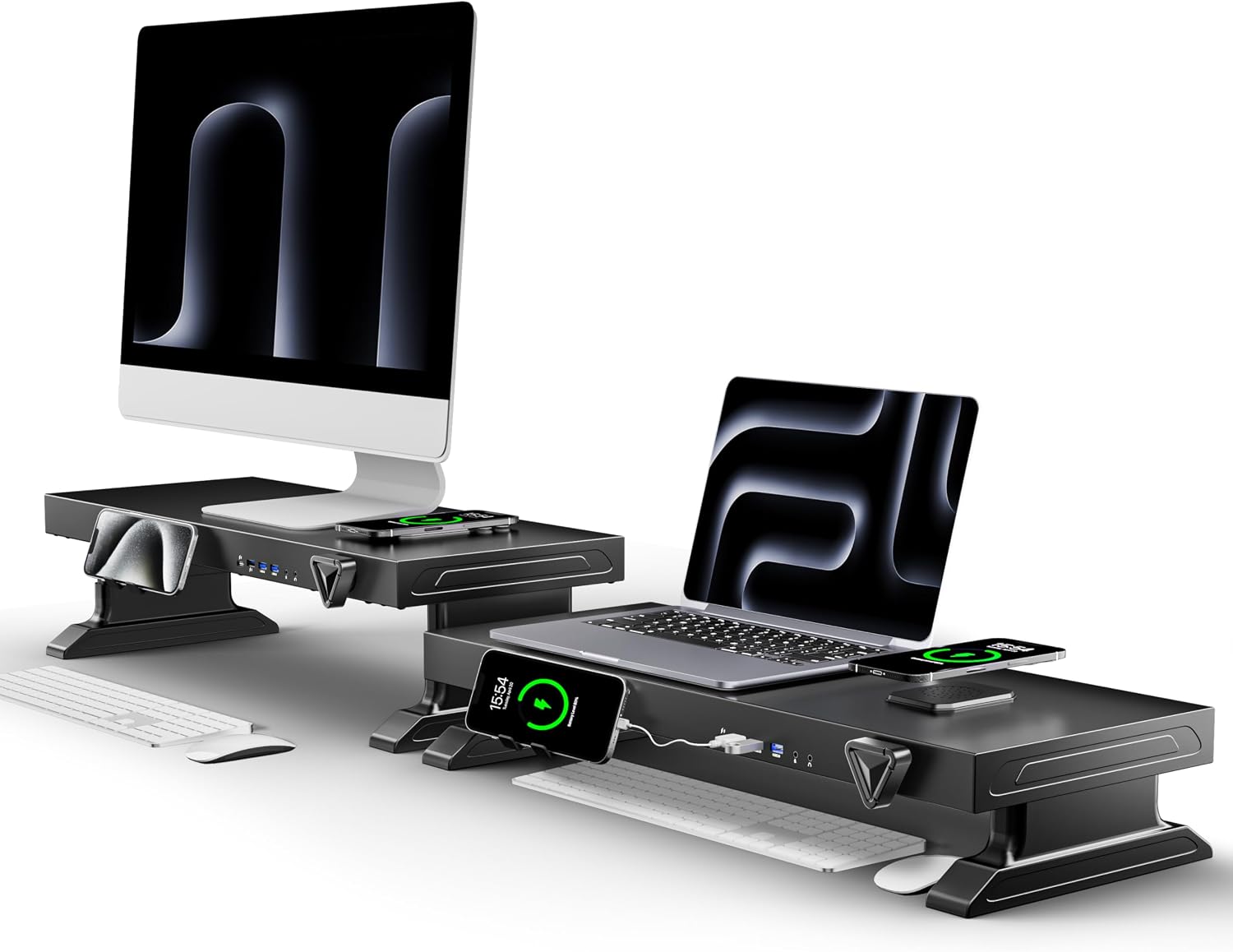 Wireless Charging Monitor Stand, 15W Fast Wireless Charger, USB-C Fast Charge, USB 3.0 Ports, 11–17cm Adjustable Height, Steel Build, 38kg Load, All-in-One Desk Hub for Gaming, Work, Gifts