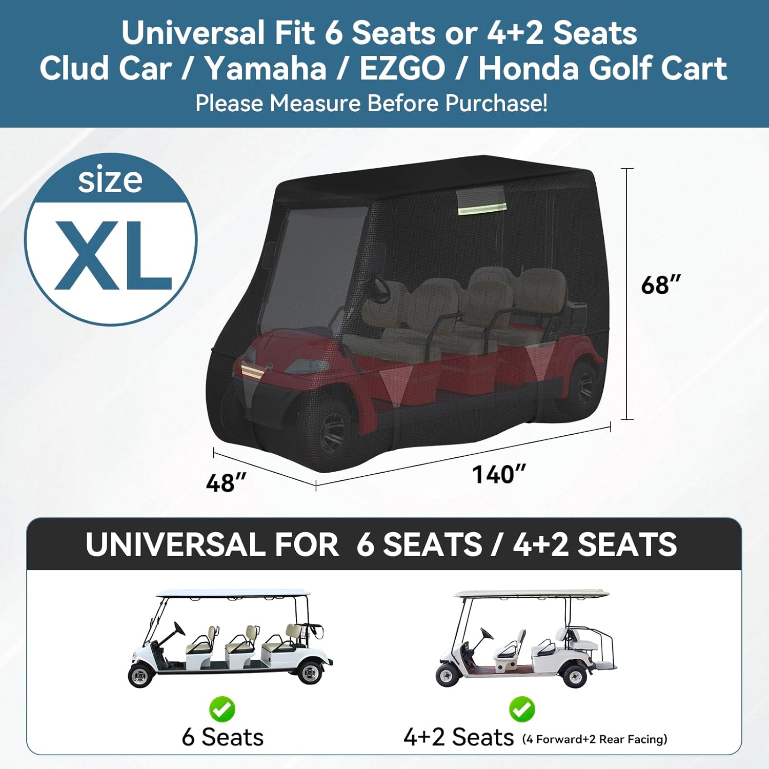 Tuszom 100% Waterproof 1200D Solution-Dyed Golf Cart Cover Universal Fit Yamaha,Honda,Club Car,EZGO and Most Brand Golf Cart for 2/2+2/4/4+2/6 Seats with Zipper Door,Storage Bag