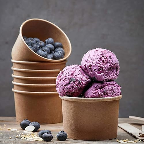 Miniatura 6 de Lyellfe Paquete de 100 cuencos de papel desechables con tapas, cuenco de papel kraft resistente de 8 onzas, recipiente de sopa para llevar, tazas de