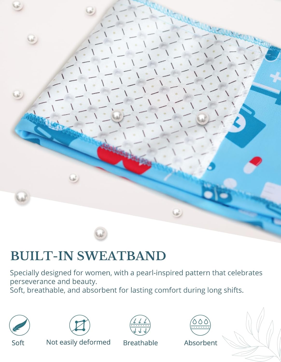 Scrub Caps Women Ponytail – Light Blue Medical Print Double-Sided Printed Surgical Hat with Buttons and Sweatband, Soft Nurse Cap for Long Hair, Helps Reduce Static Buildup - Image 5